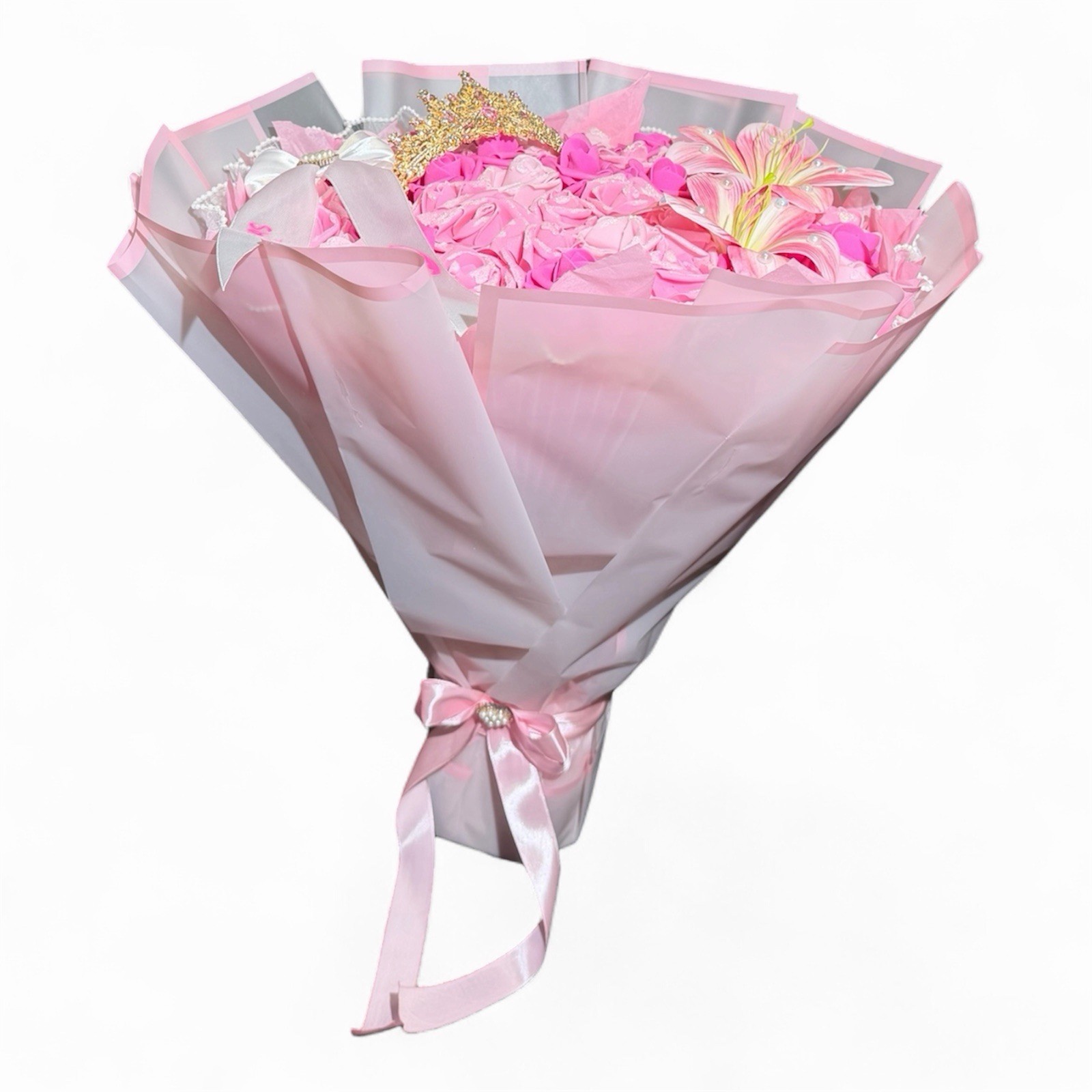 Pink Eternal Rose Bouquet with Crown & Lilies – Custom Ribbon Message Gift