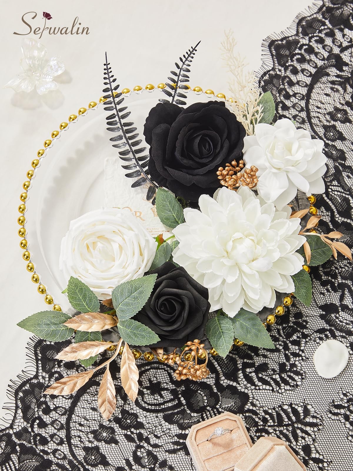 Black, White Roses Artificial Flowers, Silk DIY Bridal Bouquet Table Centerpiece
