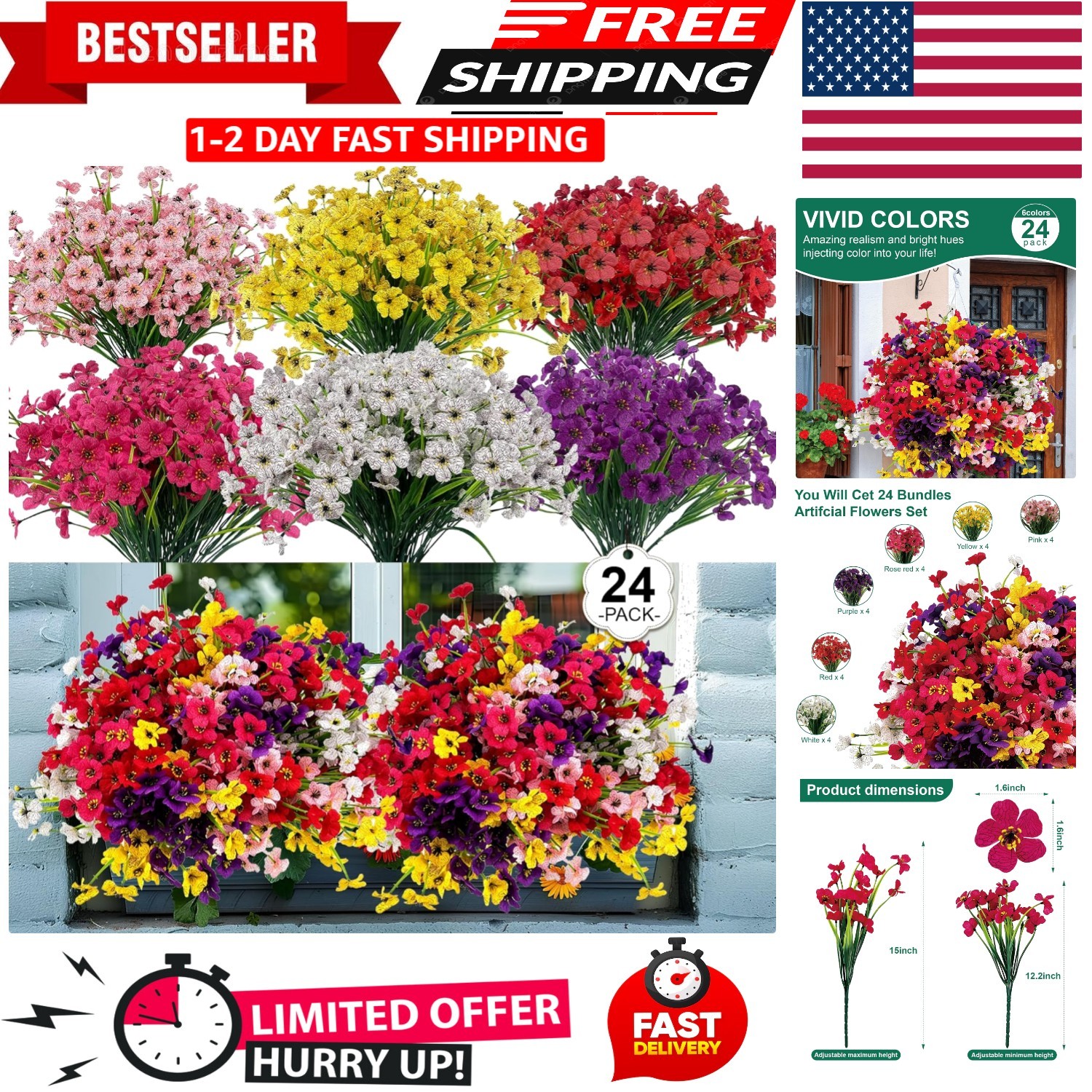 24 Bundles Artificial Flowers for Outdoors Fake Silk Flowers UV Resistant Faux