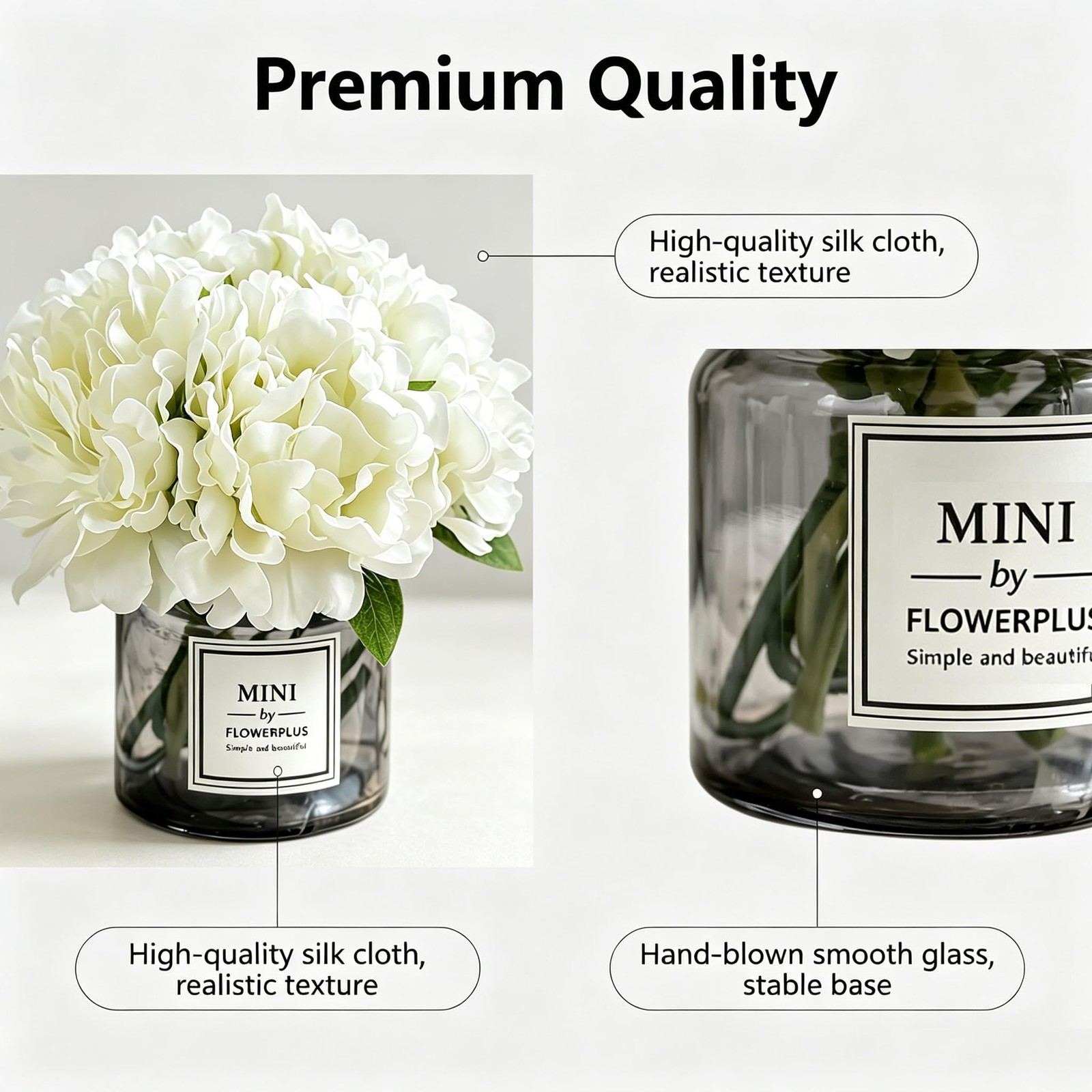 Artificial Hydrangea Flowers with Vase Realistic Faux Peonies, White Hydrange…