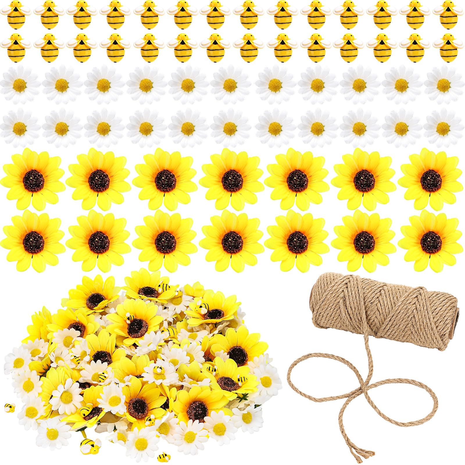 166 PCS Yellow White Artificial Sunflower Heads Tiny Bees Craft Decoration