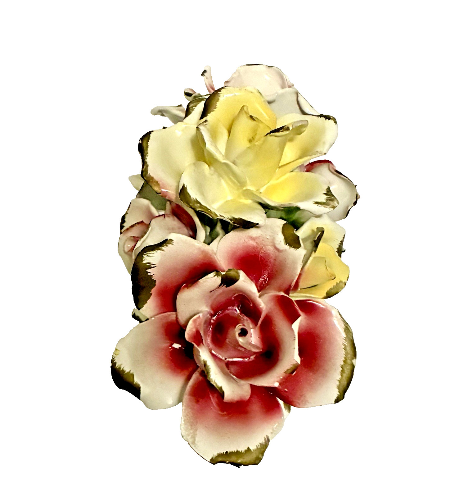 Vintage Capodimonte Italian Porcelain Pink and Yellow Seven Rose Centerpiece