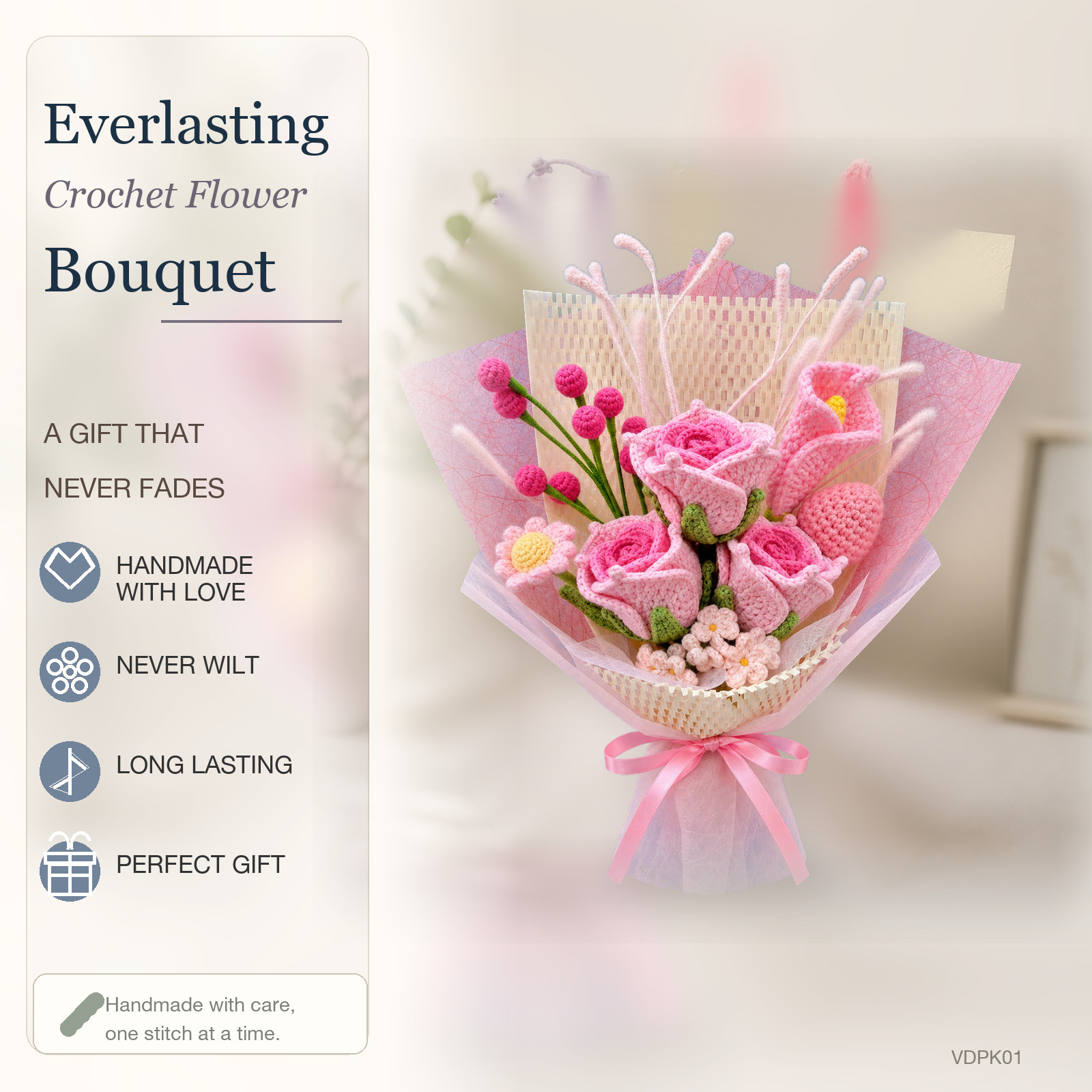 Pink Rose Crochet Bouquet Valentine Anniversary Gift for Her
