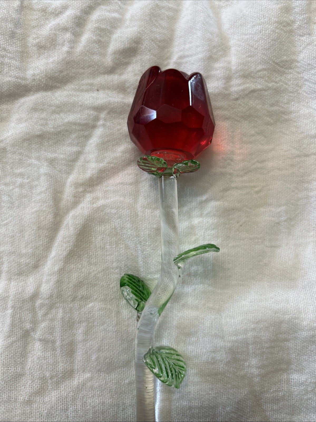 Long Stem Red Rose Eternity Glass Rose Flower With Green Leaves Collectible ⚘️