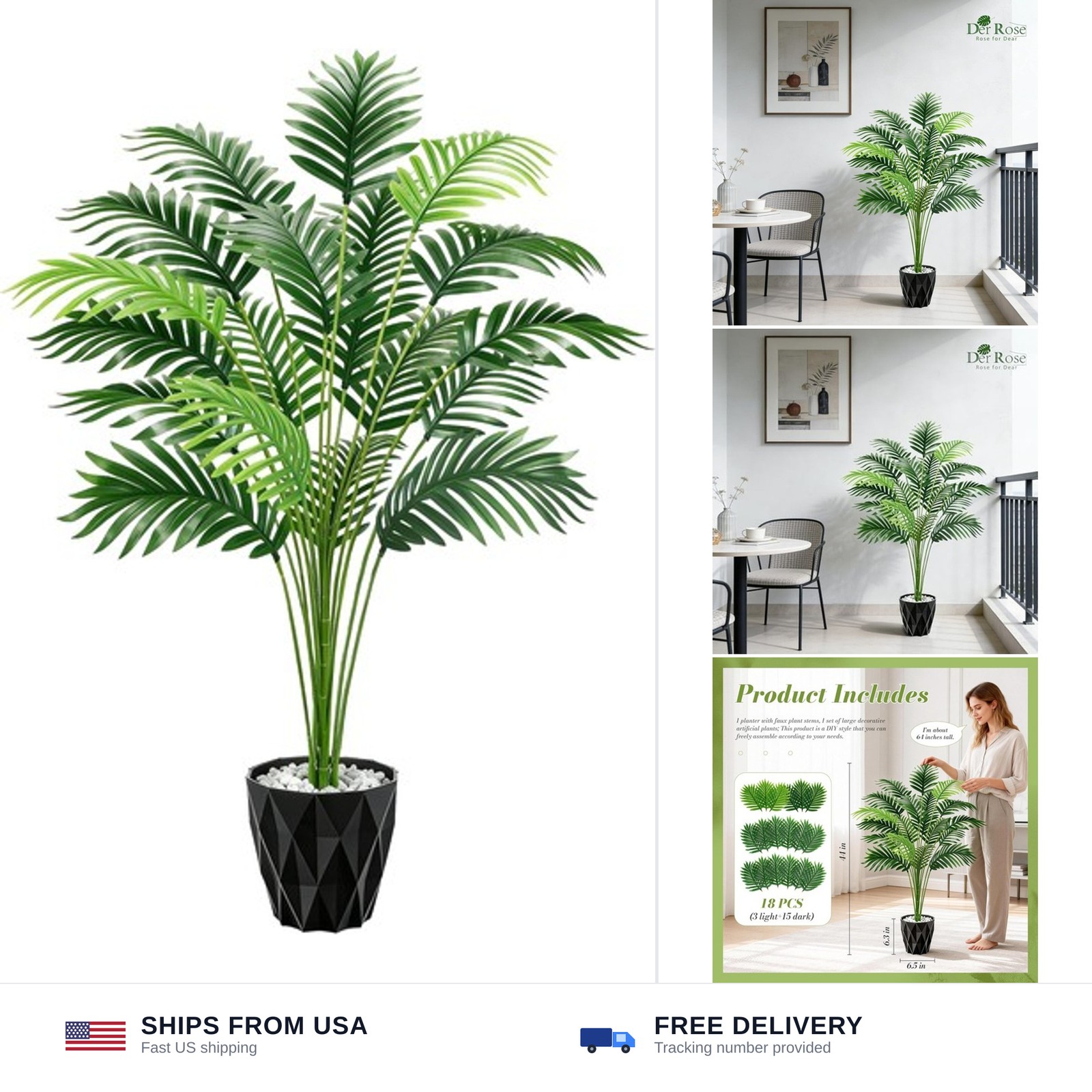 Der Rose 44″ Artificial Palm Tree with Stable Base for Indoor Living Room Off…