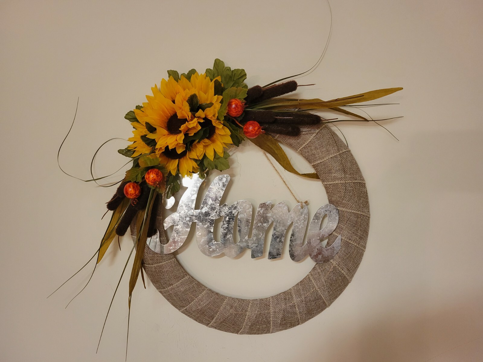 HOME Sunflowers Cat tails Mini Pomegranates burlap WREATH FALL Decor Front Door