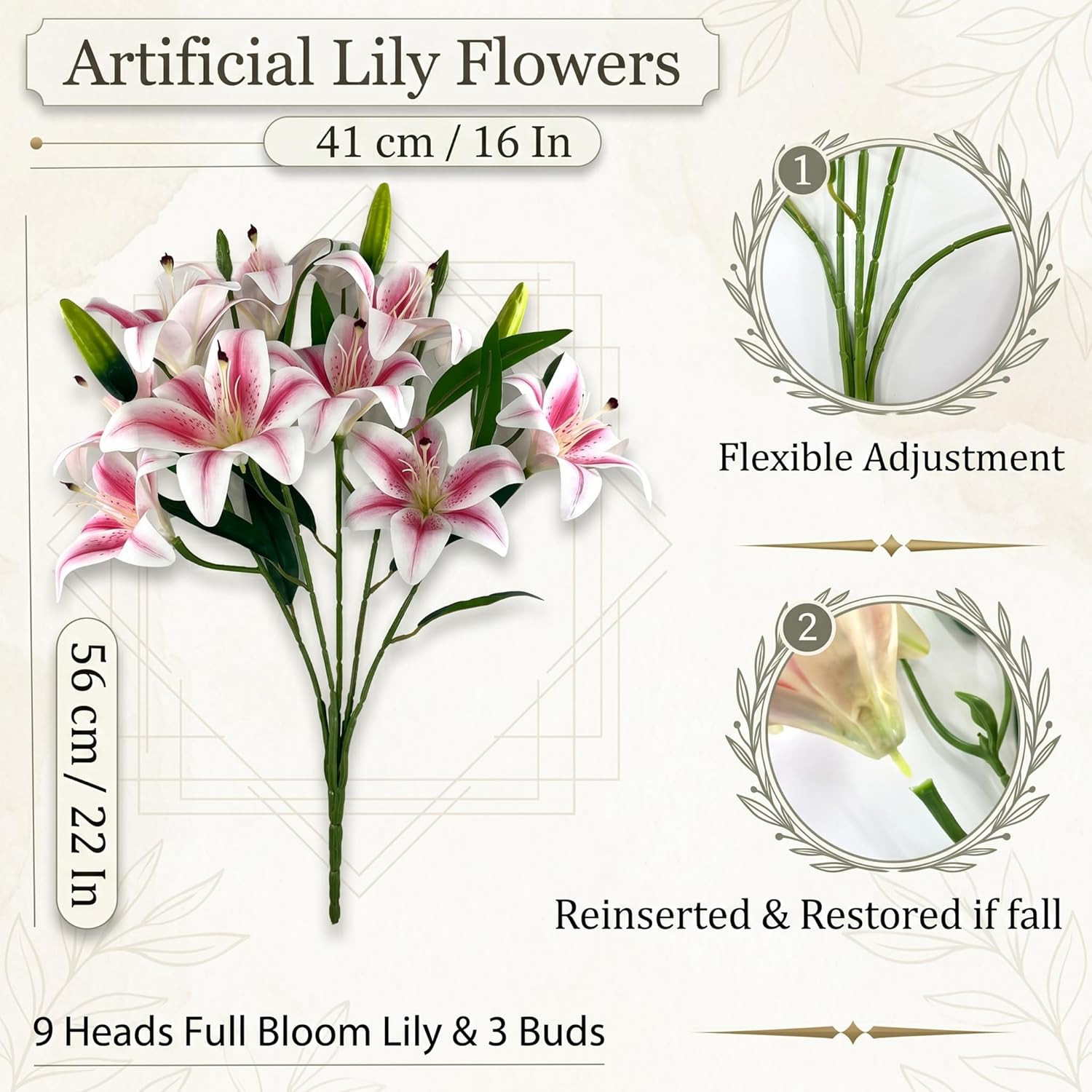 Artificial Lily Flowers with 9 Full Blooms & 3 Buds, Real Touch Long Stem Faux T