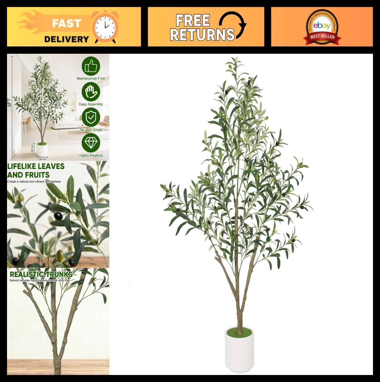 Faux Olive Tree 5FT – Artificial Indoor Plant with White Planter – Home Decor