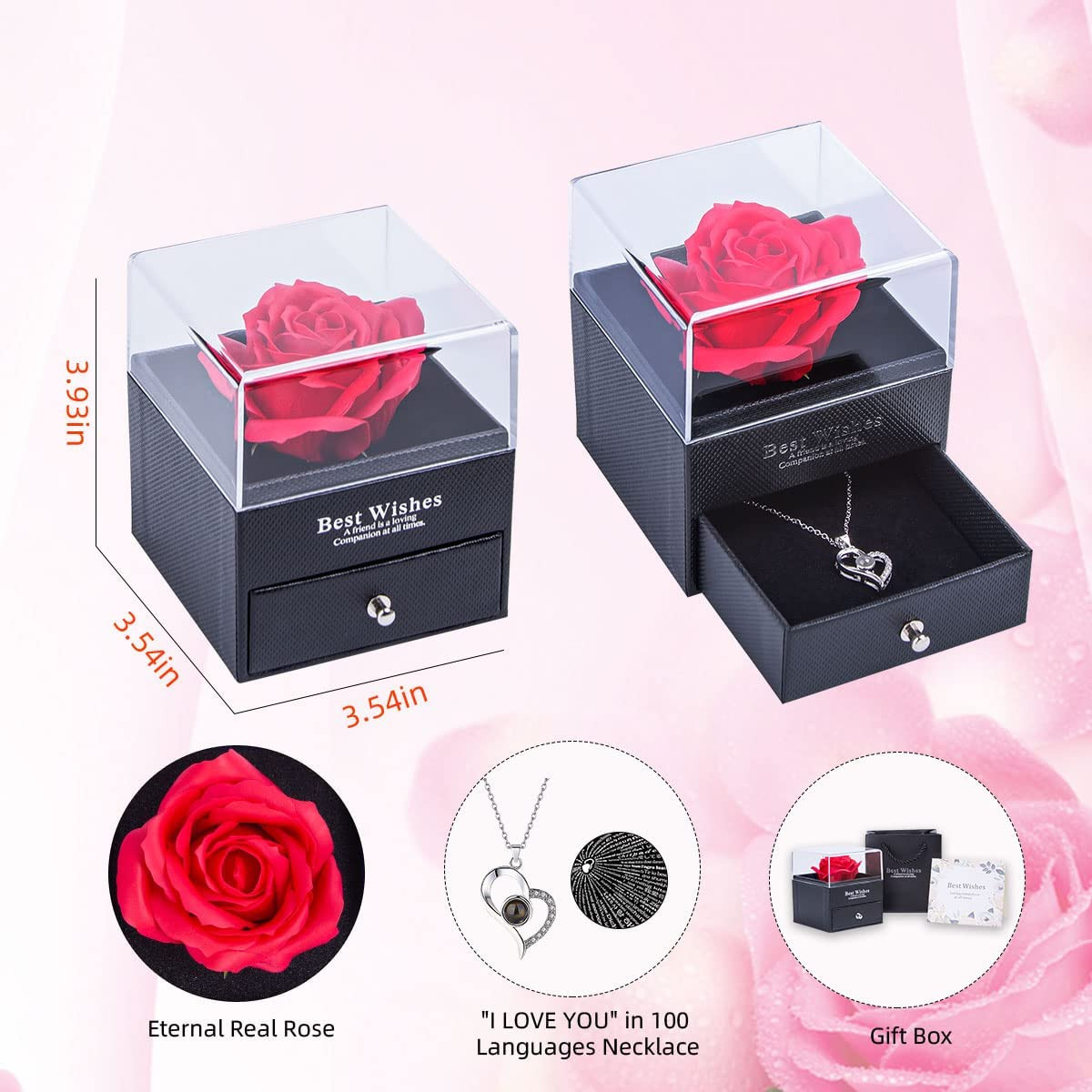 Preserved Jewelry Rose Box Eternal Gift Flower I Love You100 Languages Necklace