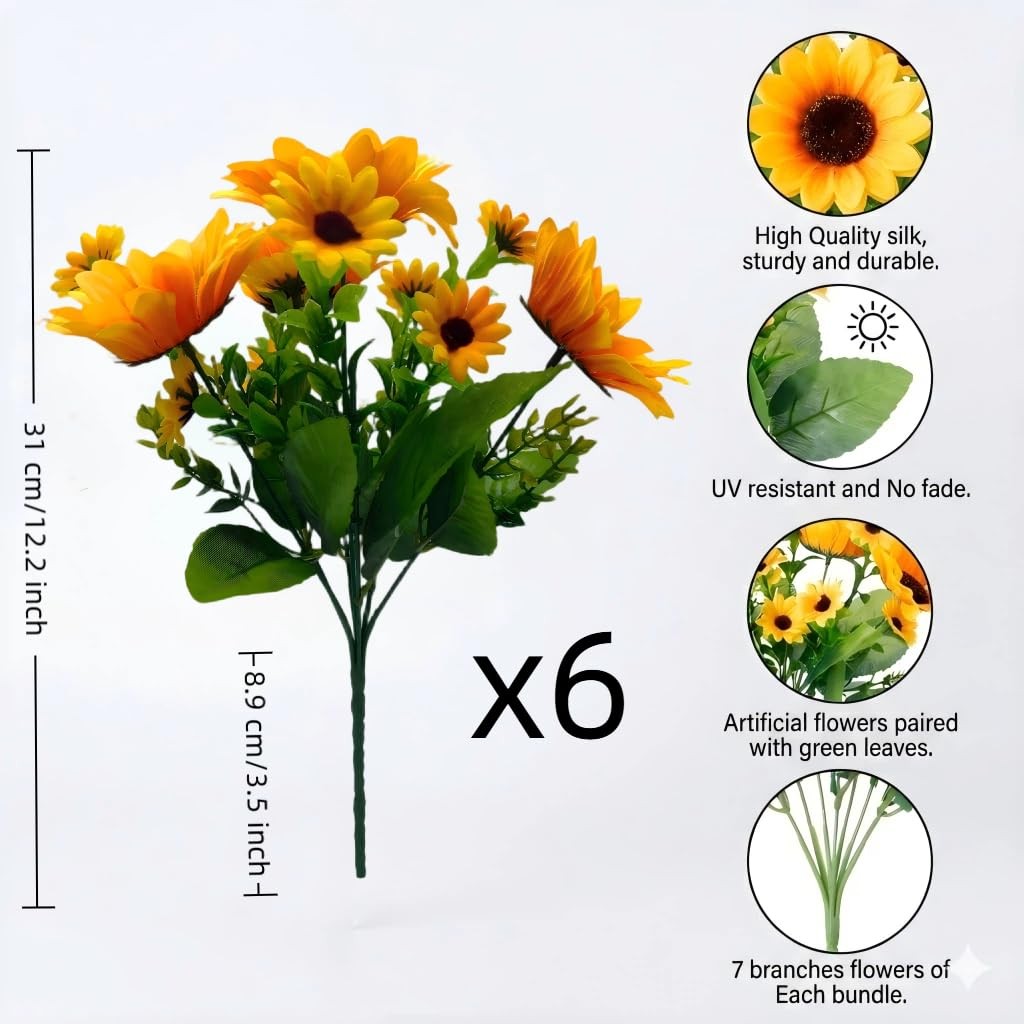 Realistic UV-Resistant Artificial Sunflowers – 6 Silk Bouquets, 78 Lifelike F…