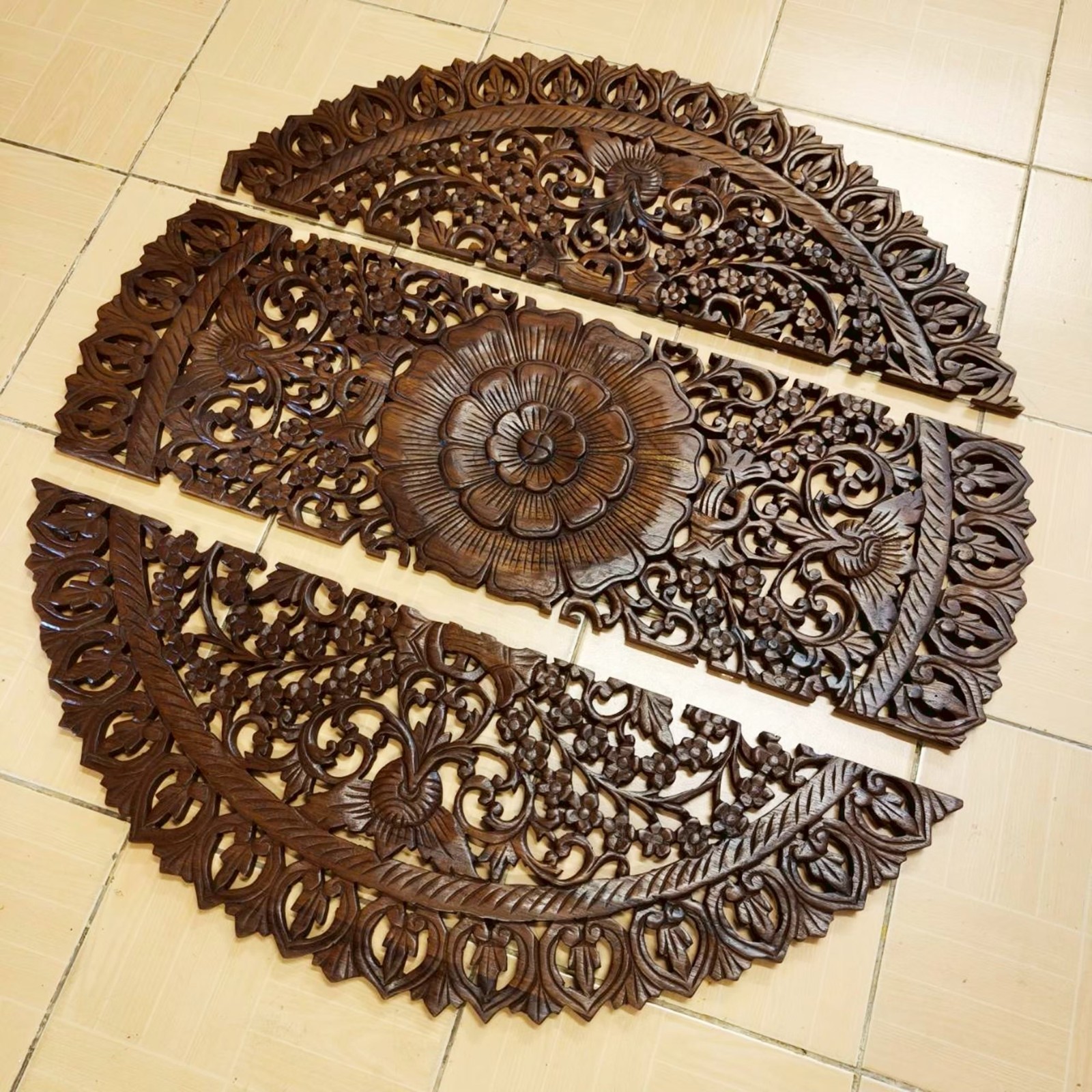 Round Floral Mandala Wood Carving Panel 90 cm, 3-Piece Set