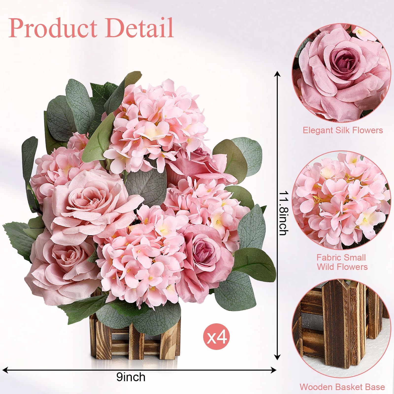 11.8’’ Tall Standing Artificial Flowers, 4Pcs, Dusty Pink