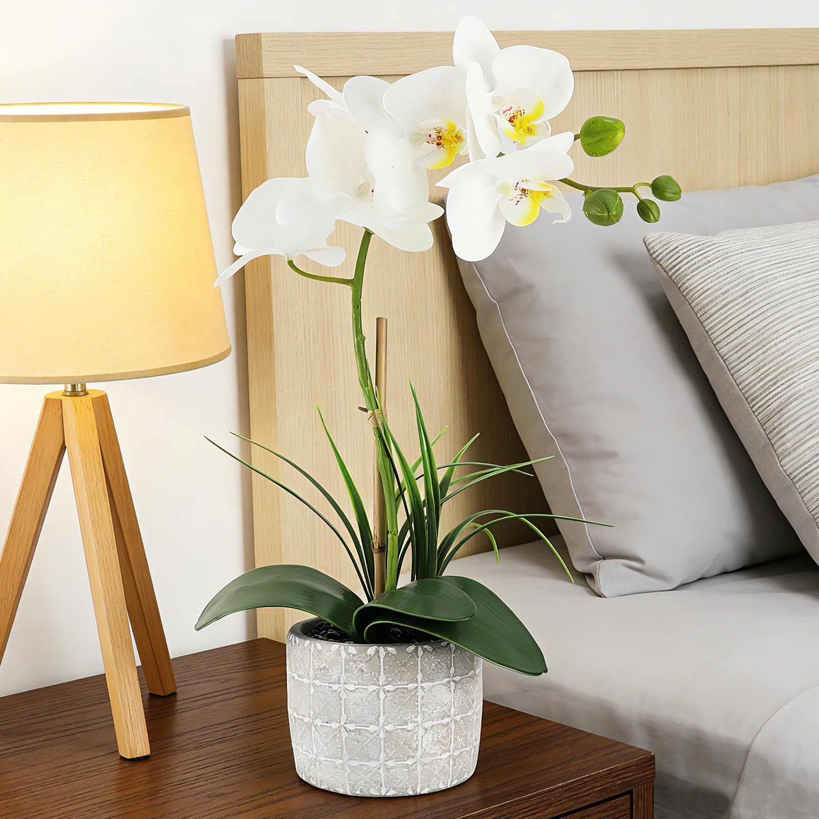 Orchid Artificial Flowers 16″ White Fake Orchid Flowers in Gray Ceramic Pot F…