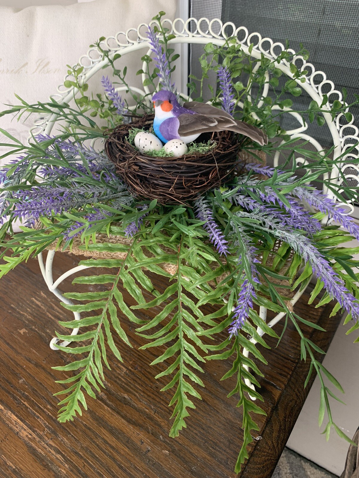 Metal Bench floral Bird Nest Arrangement 14×10 Handmade