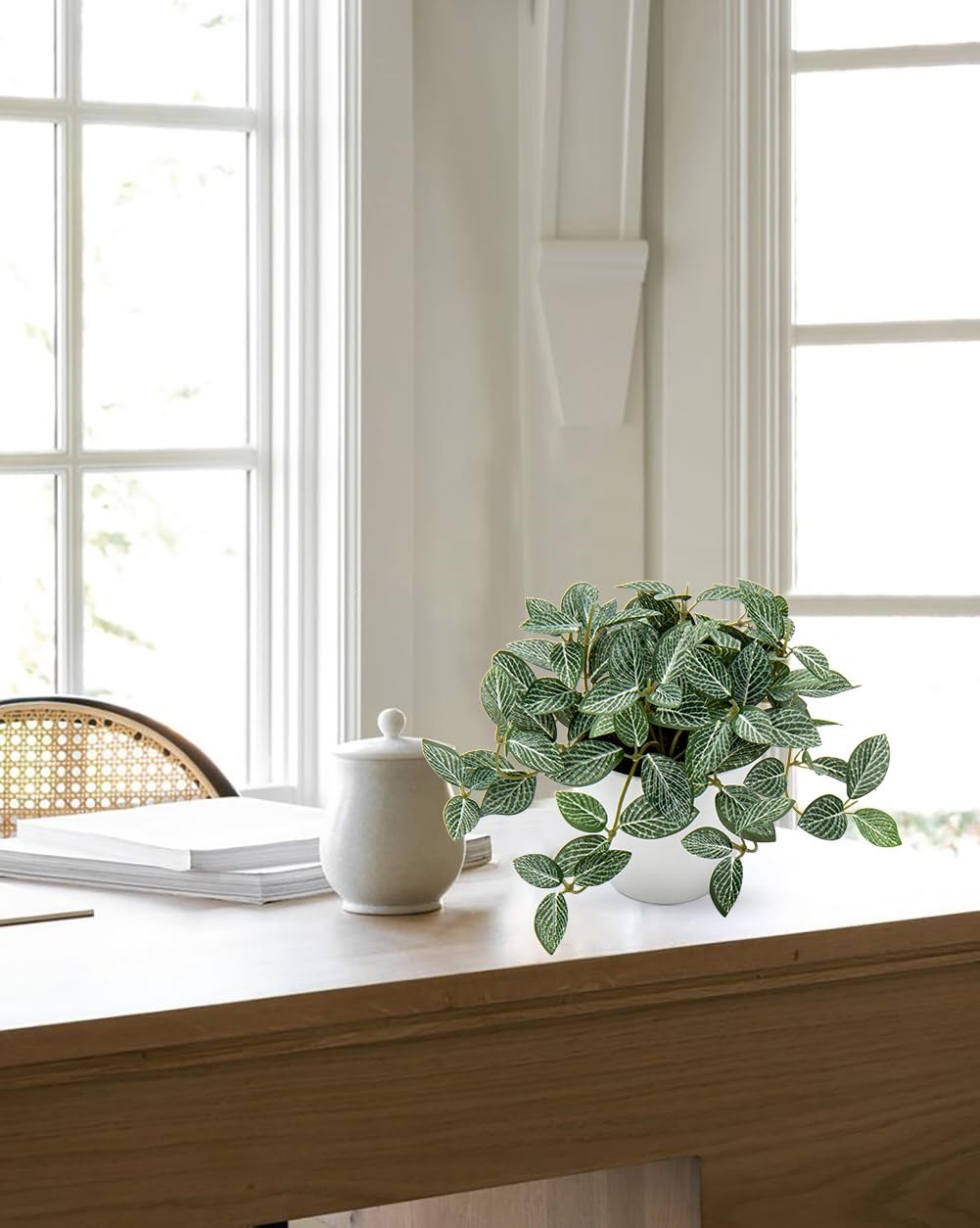 2 PCS Fake Artificial Faux Plants With White Plastic Pot Small Home Desk