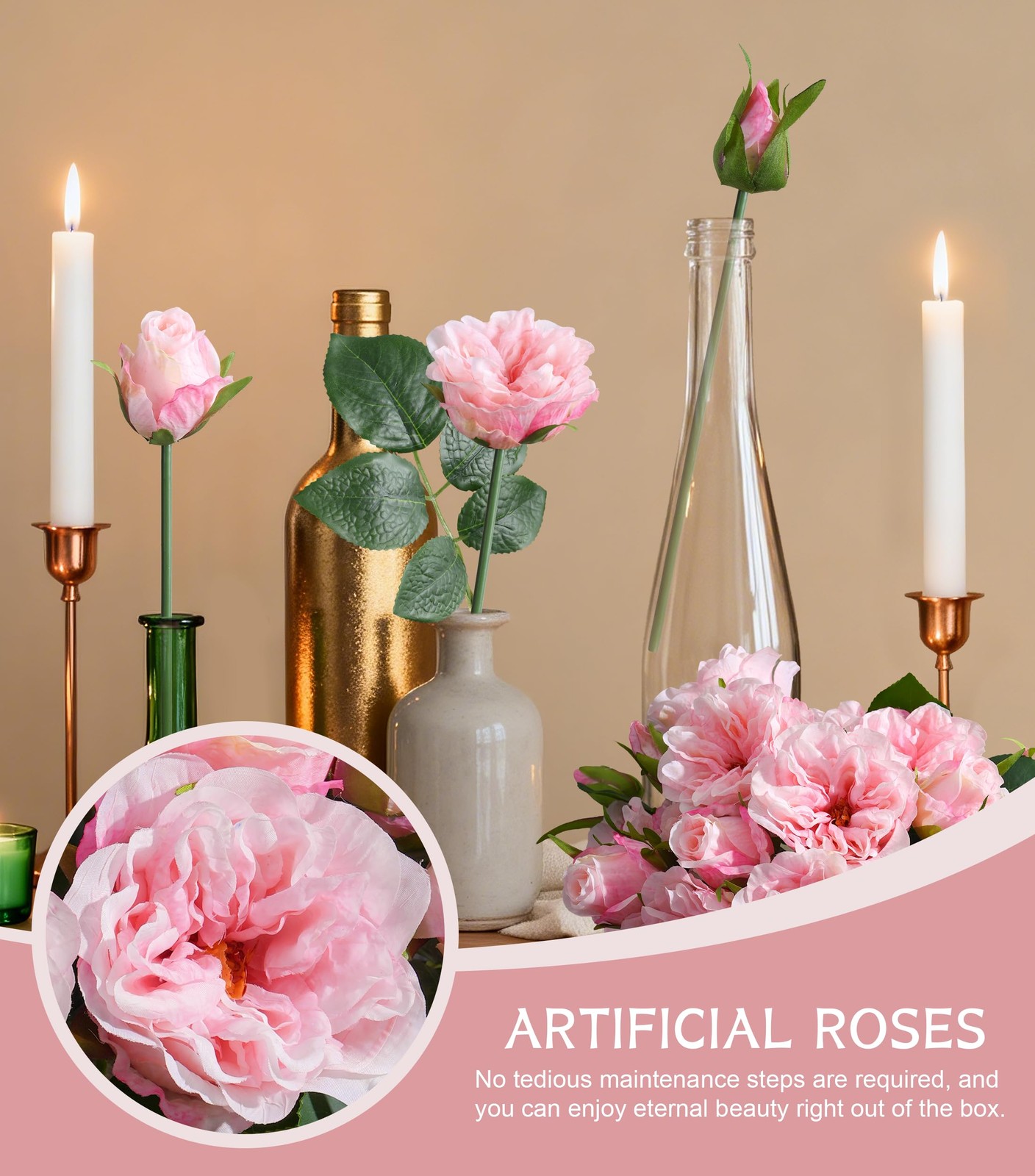 13 Branches Pink Rose Artificial Flowers Silk Roses Wedding Bouquet DIY Craft