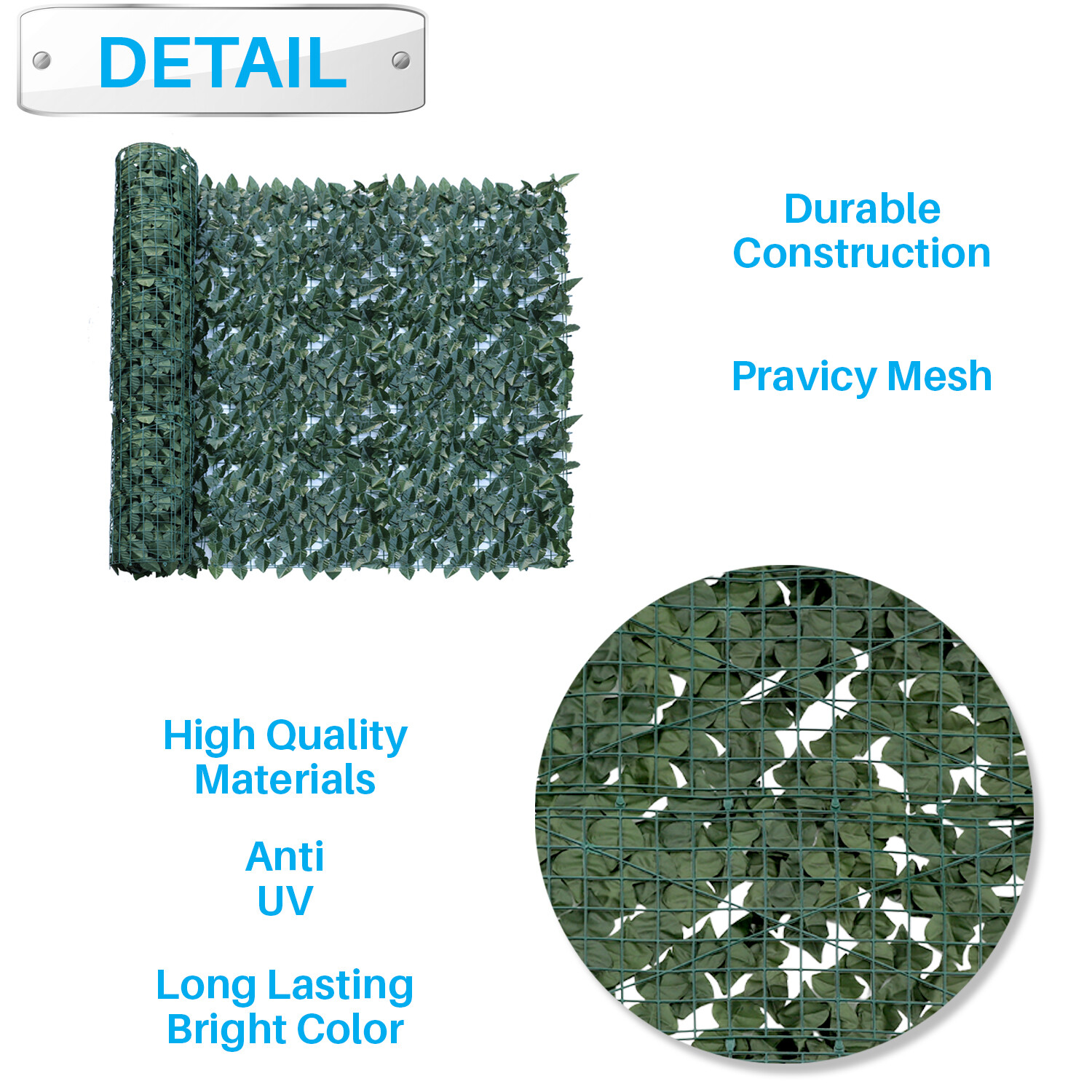 Artificial Faux Laurel Leaves Privacy Fence Screen Dark Green w/ Mesh Backing