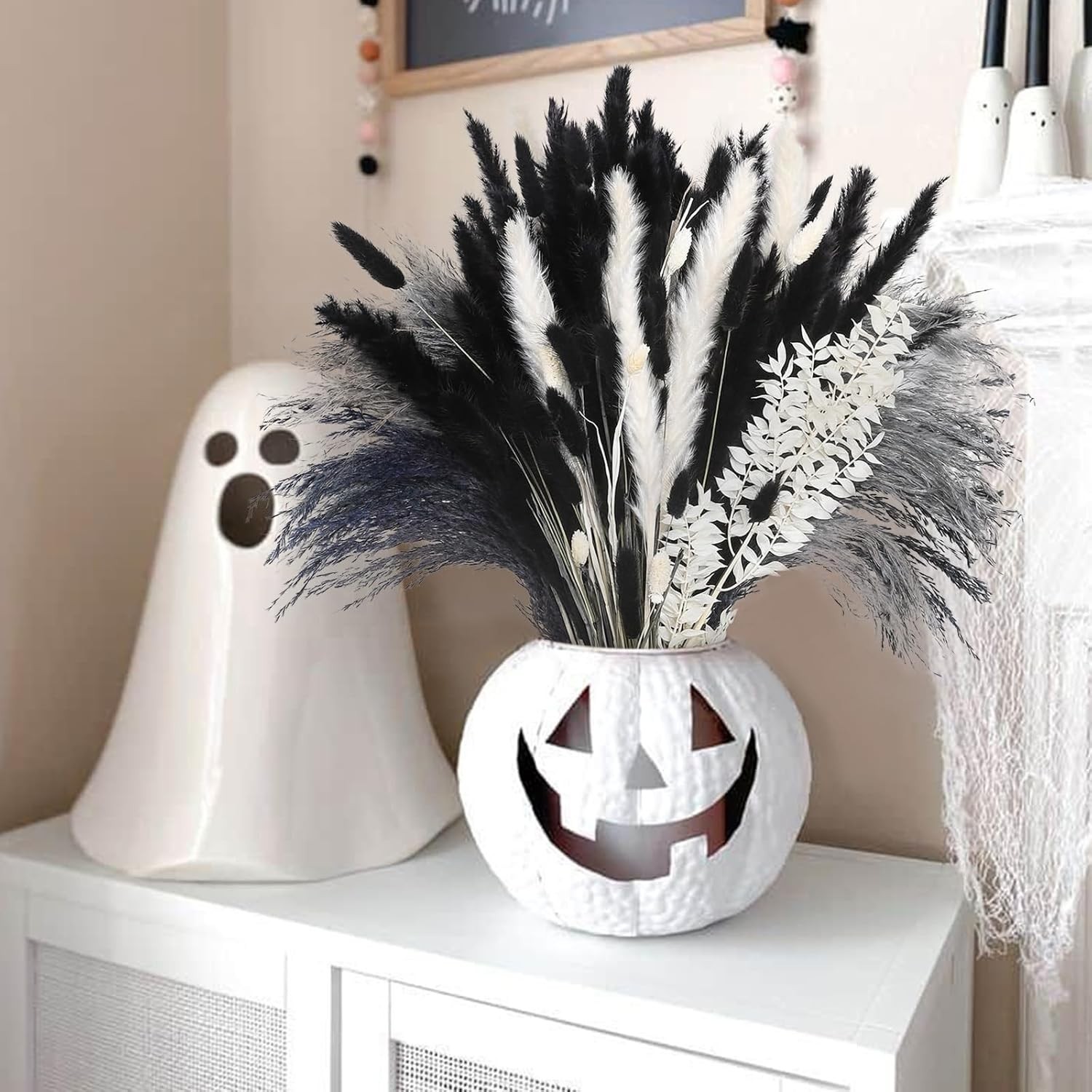 102PCS Black Pampas Grass Decor, Grey White Natural Dried