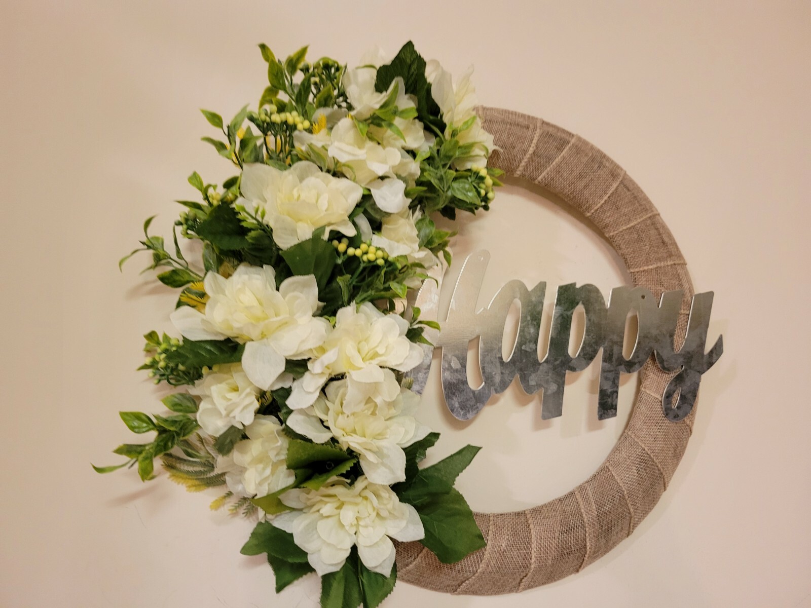 HAPPY white green Dahlias Zinnias burlap WREATH flowers Decor Front Door 16″ new