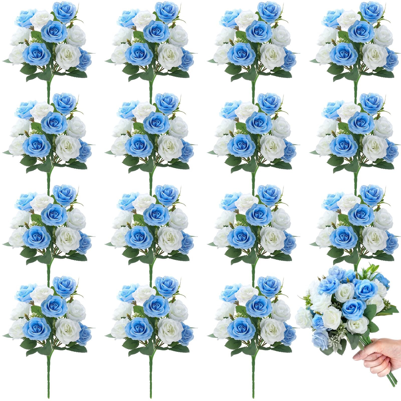 16 Bunches Artificial Mini Rose Bouquet 12 Inch 160 Heads White And Blue