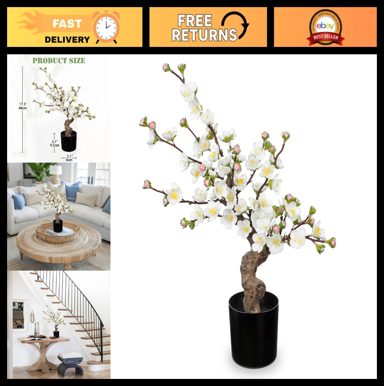 Realistic Faux Cherry Blossom Arrangement 17.3″ – Silk Flowers in Vase for Home,