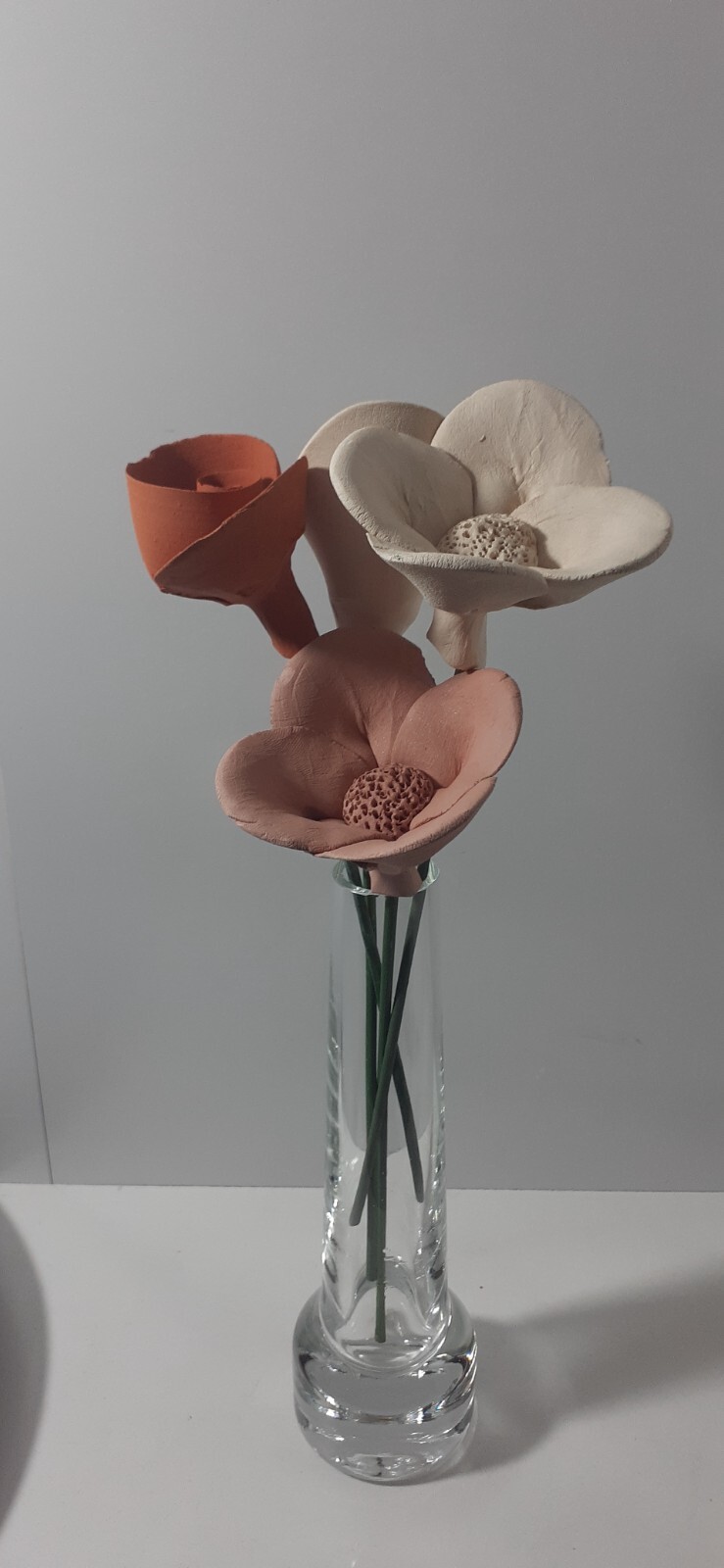 Vintage Capodimonte Handcrafted Porcelain Flowers Flexible Green Stem Clear Vase