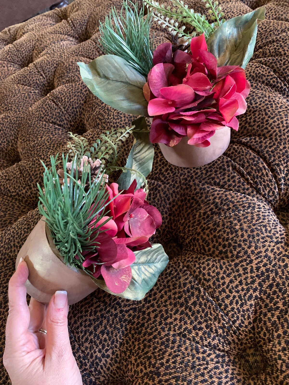 2 Red Hydrangea Floral Plant Greenery Faux Silk Stone Pot 7” Decor Accent