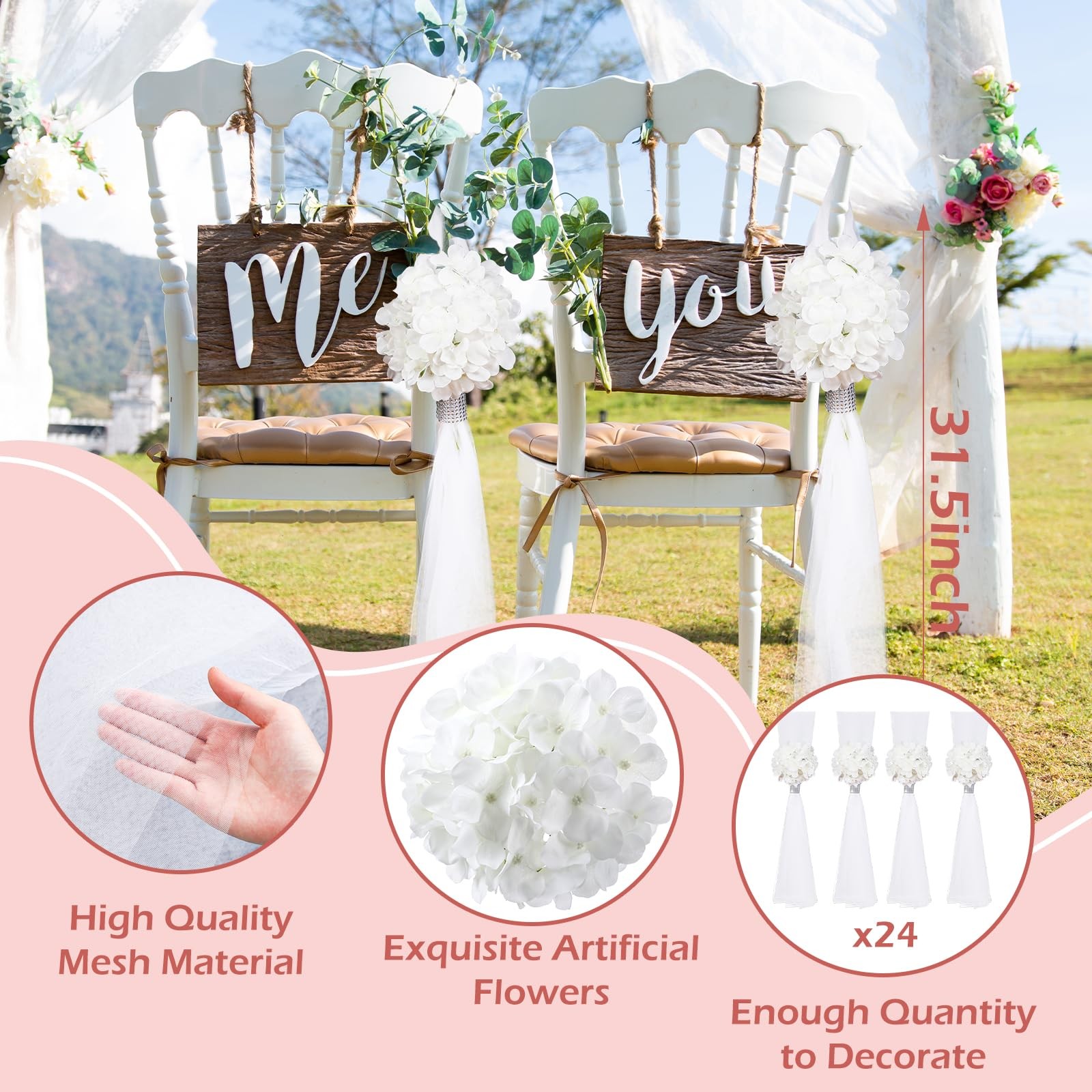 24 Set Large Wedding Hydrangea/Gardenia Flowers with Long Tulle Tails, 31.5in…