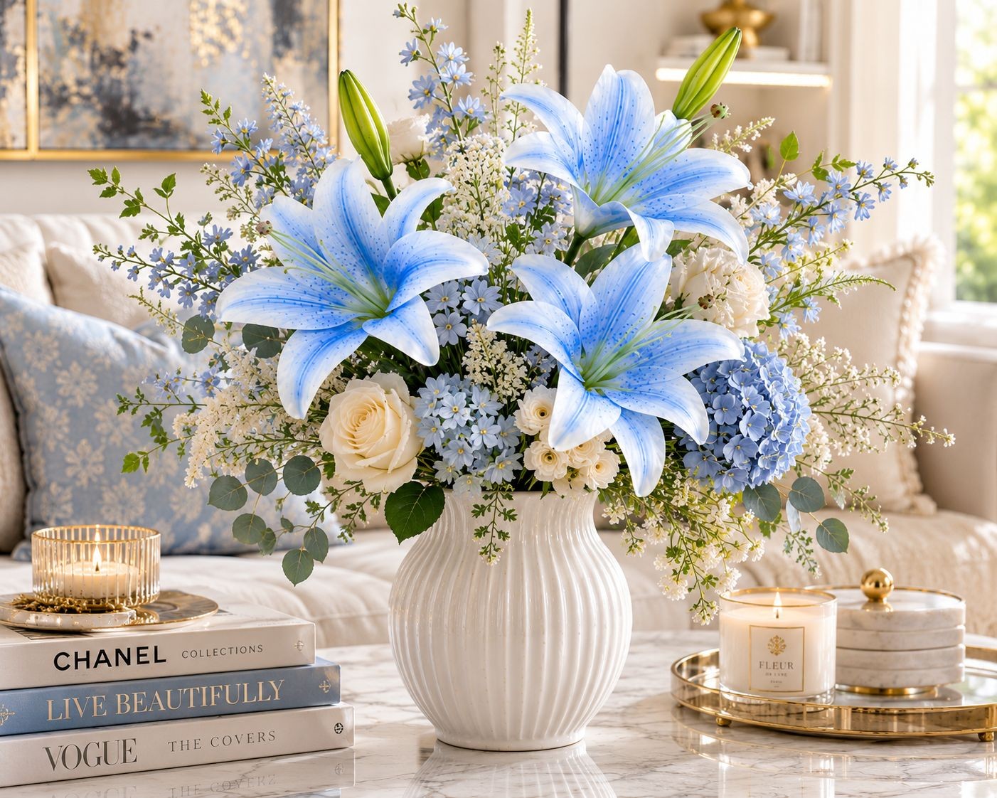 Blue Lily Stems, Real Touch Flowers, Artificial Lily Spray, Faux Blue Lilies, Co
