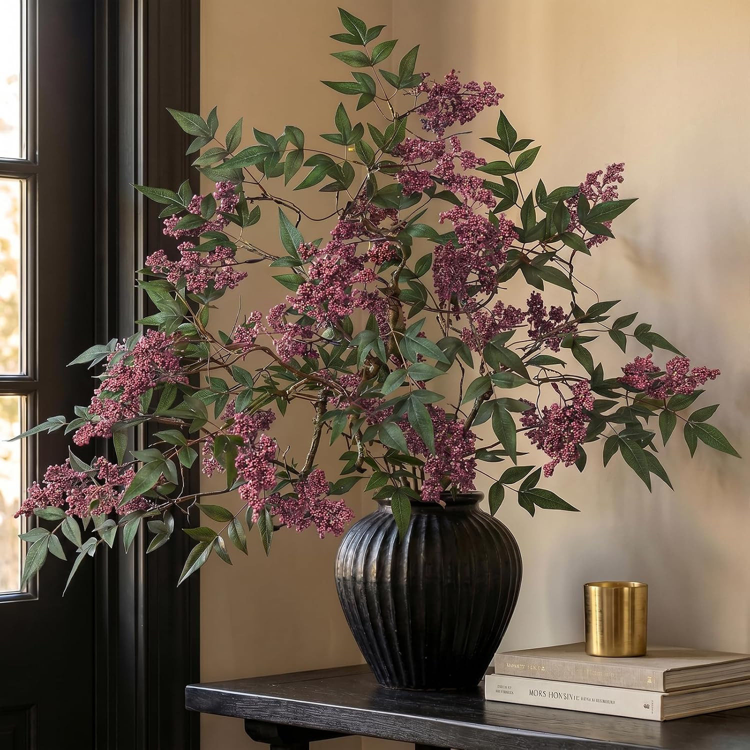 2 Pcs 36″ Dusty Plum Nandina Berry Stem – Realistic Greenery for Home Decor
