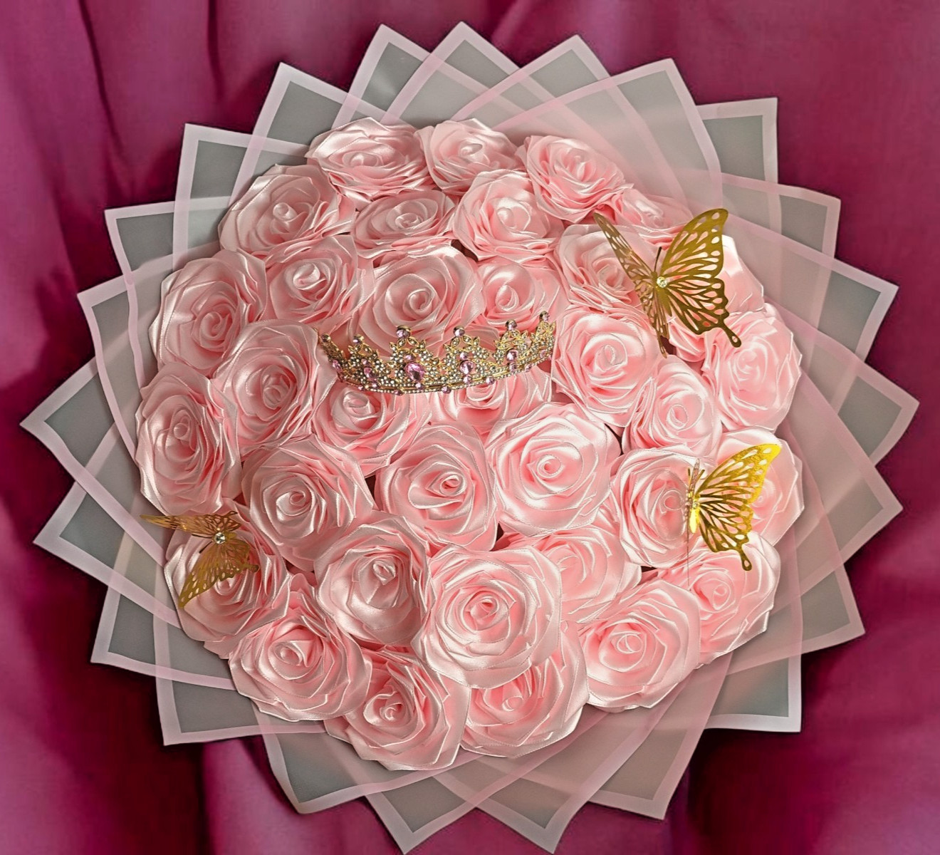 Eternal Rose Bouquet Pink Satin Ribbon Tiara Crown Butterfly Valentine’s Day 36!