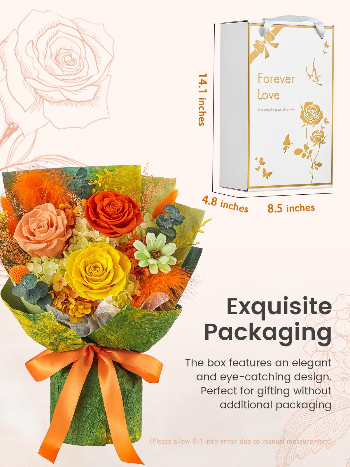 Forever Flowers Bouquet Preserved Roses Yellow Small Gift For Women Wife Mom