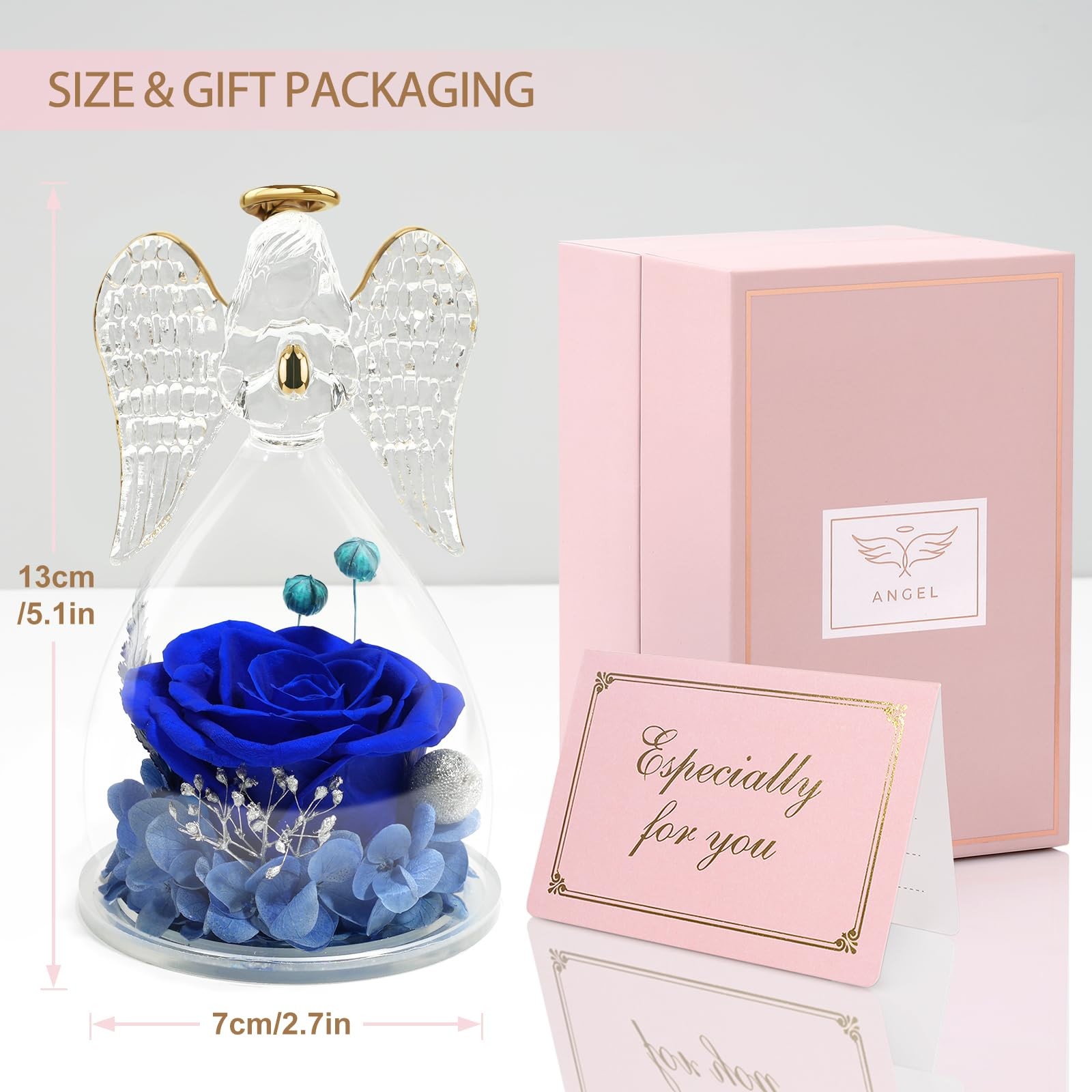 Angel Figurine Gift, Real Preserved Rose, Mom Birthday, Mothers Day, Blue
