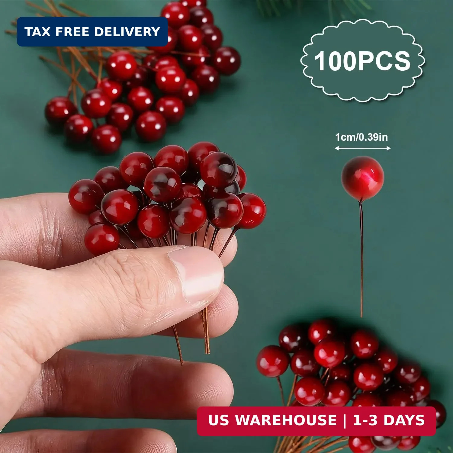 BBTO 100 Pack Artificial Holly Berries Mini 10 mm Christmas Fake Berries Stems C
