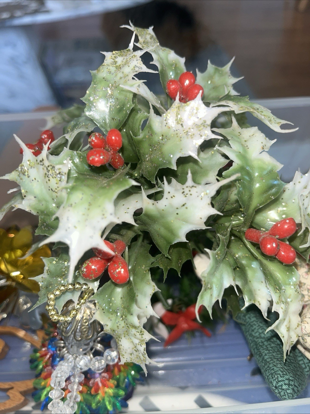 VTG 3 MCM Plastic Christmas Winter Variegated Greenery Red Berries Floral Picks