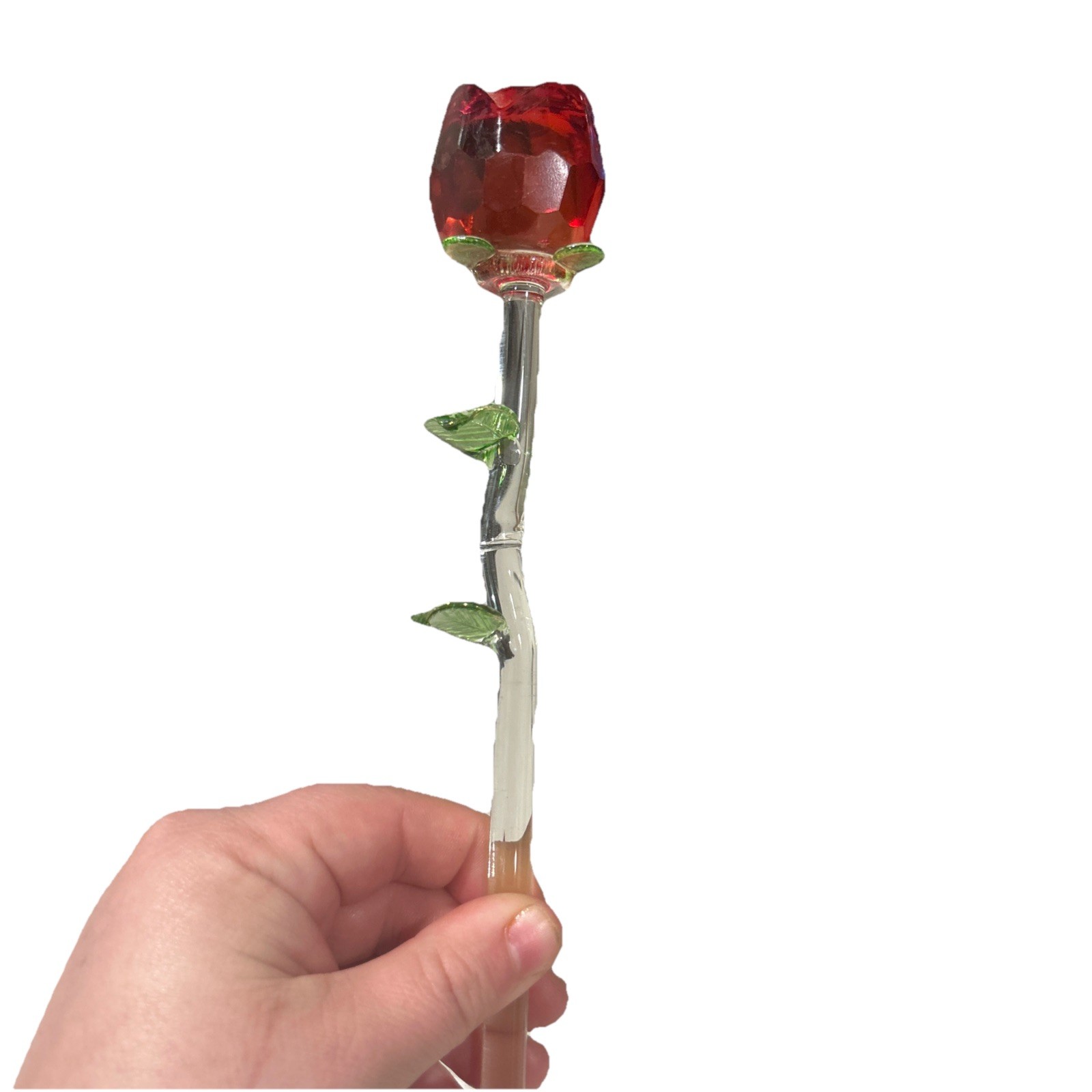 Lot 2 Crystal Glass Red Rose Clear Green Stem 13” In Tact (missing some petals)