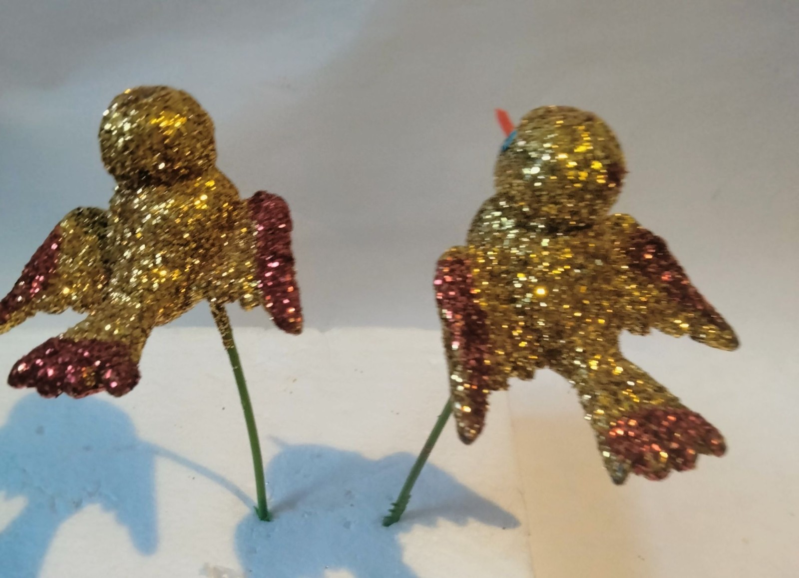 Glitter Gold Bird Ornament Green Wire Stem Decoration Crafting Lot 4