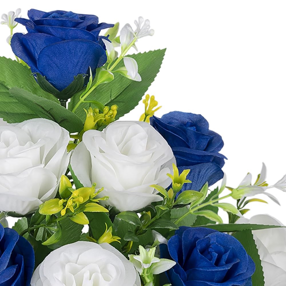 Dark Blue White Artificial Silk Rose Cemetery Grave Flowers 2 Bouquets