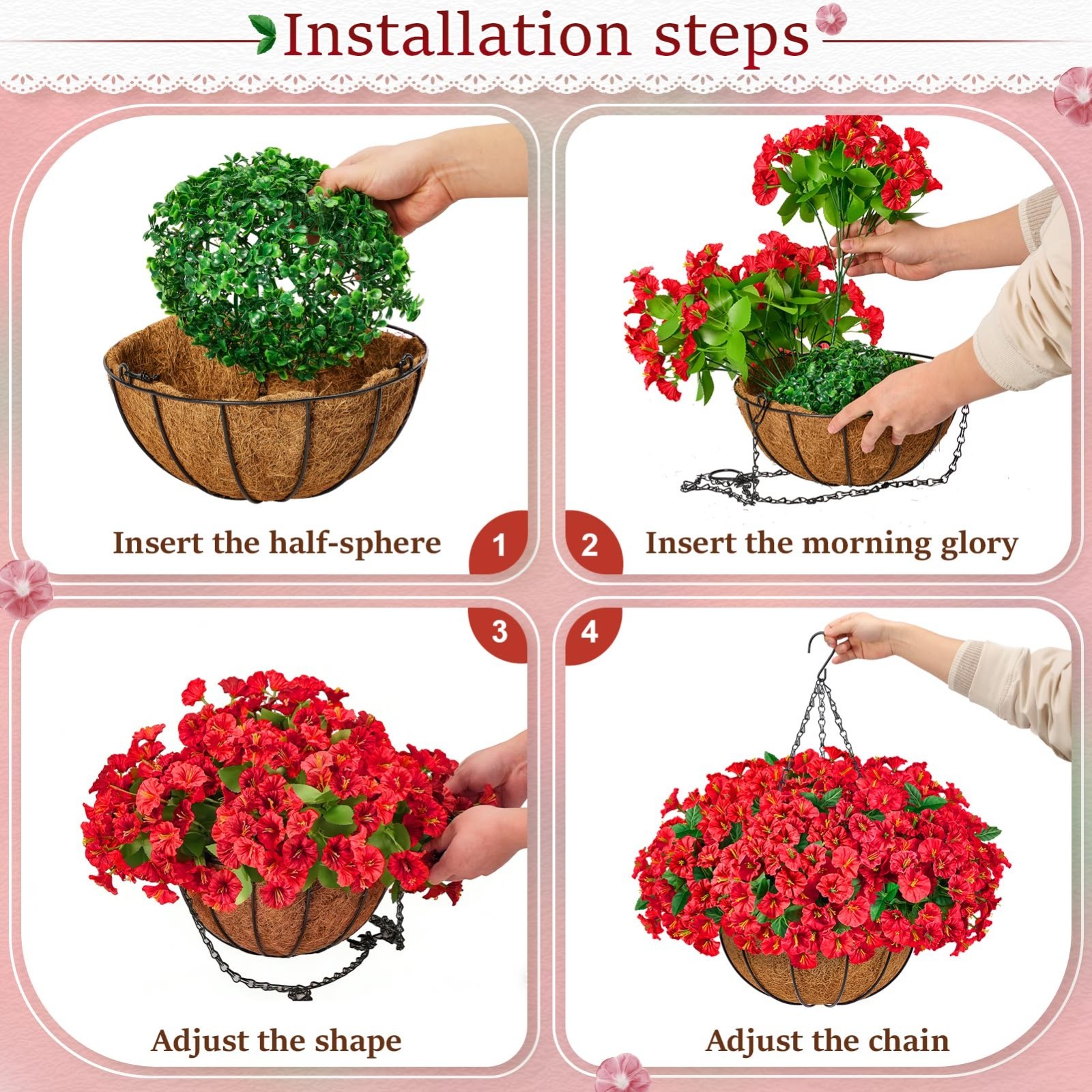 Set of 2 Faux Silk Morning Glory Hanging Flower Baskets for Outdoor Decor – 16 B