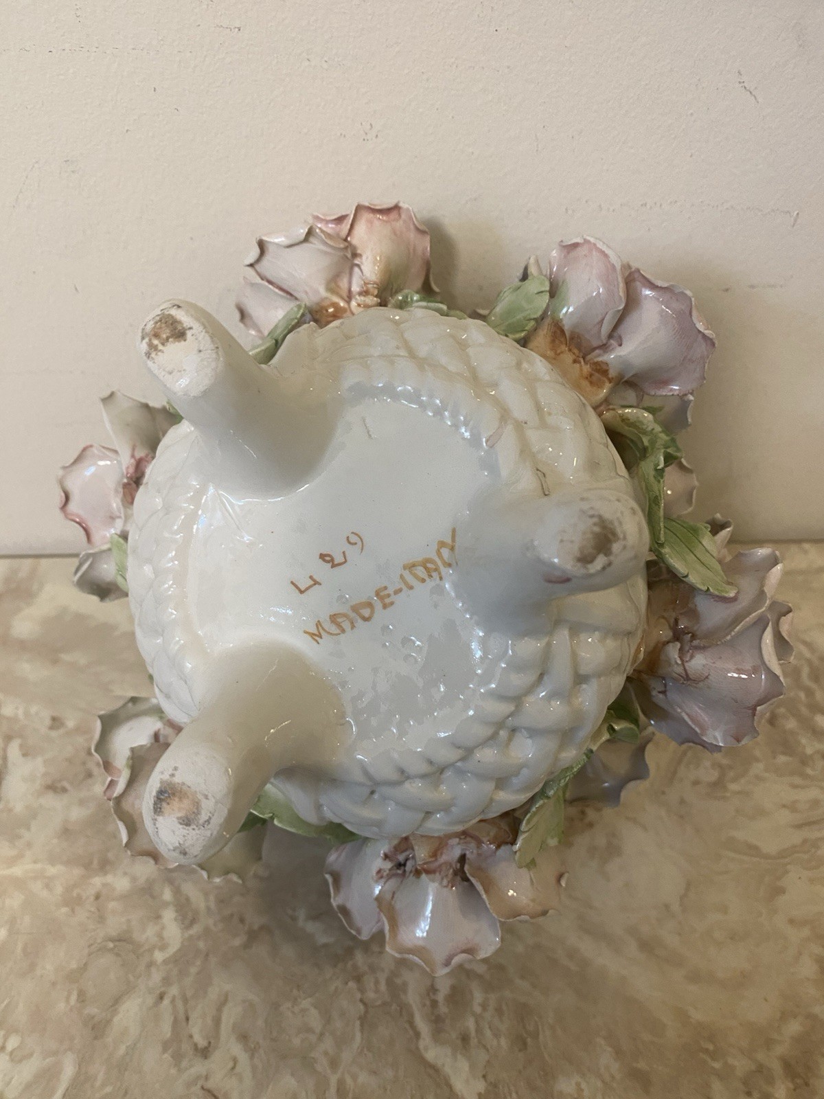 Porcelain Flower Centerpiece Capodimonte Style Italy Pink Roses 6” Tall