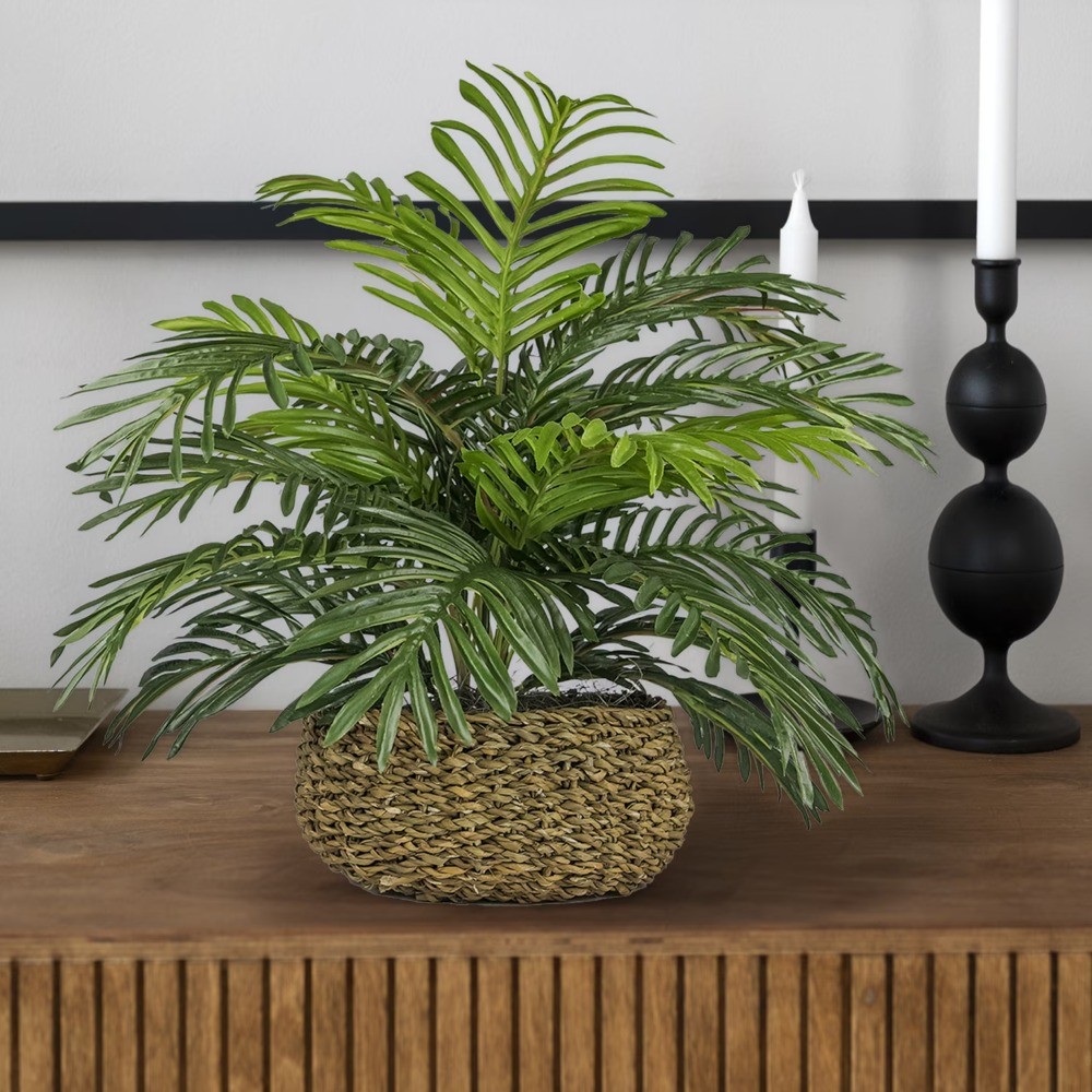 14″ Artificial Palm Plant in Low Round Handwoven Basket by LCG Florals