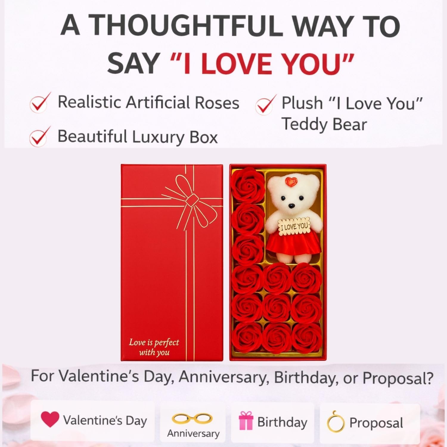 Artificial Rose Teddy Bear Gift for Mom Valentine Birthday Anniversary Decor USA