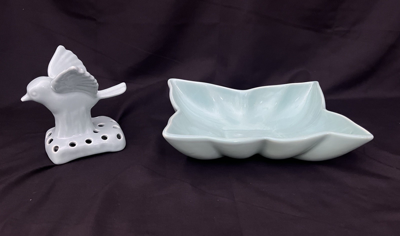 Vtg Camark Art Pottery Blue #410 Leaf Bowl Planter & Bird Flower Frog Set (S4)