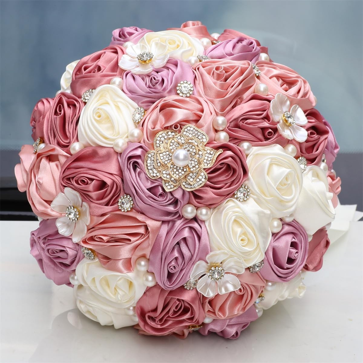 Mhojpik 7.5″ Bridal Wedding Bouquet Round Bling Brooch Bouquet Throw Toss Art…
