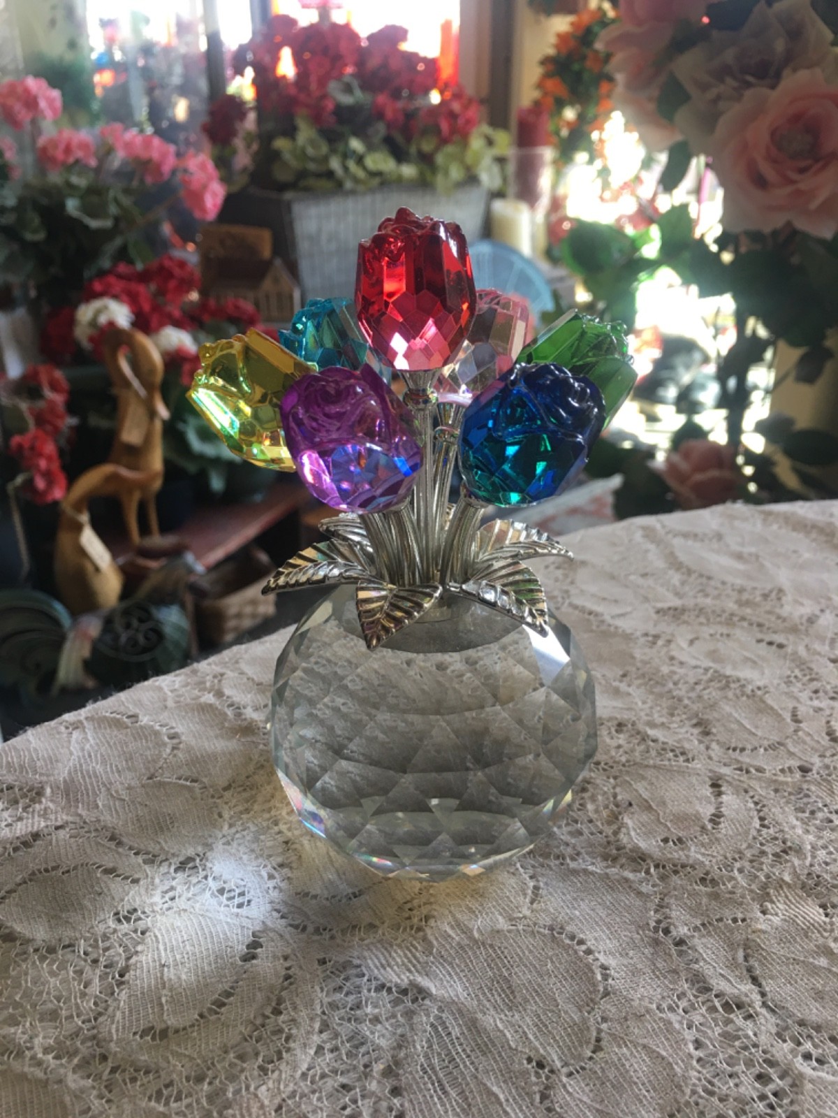 Crystal Colorful Rose Bud Glass Flowers With Rosr Bowl Vase Paperweight