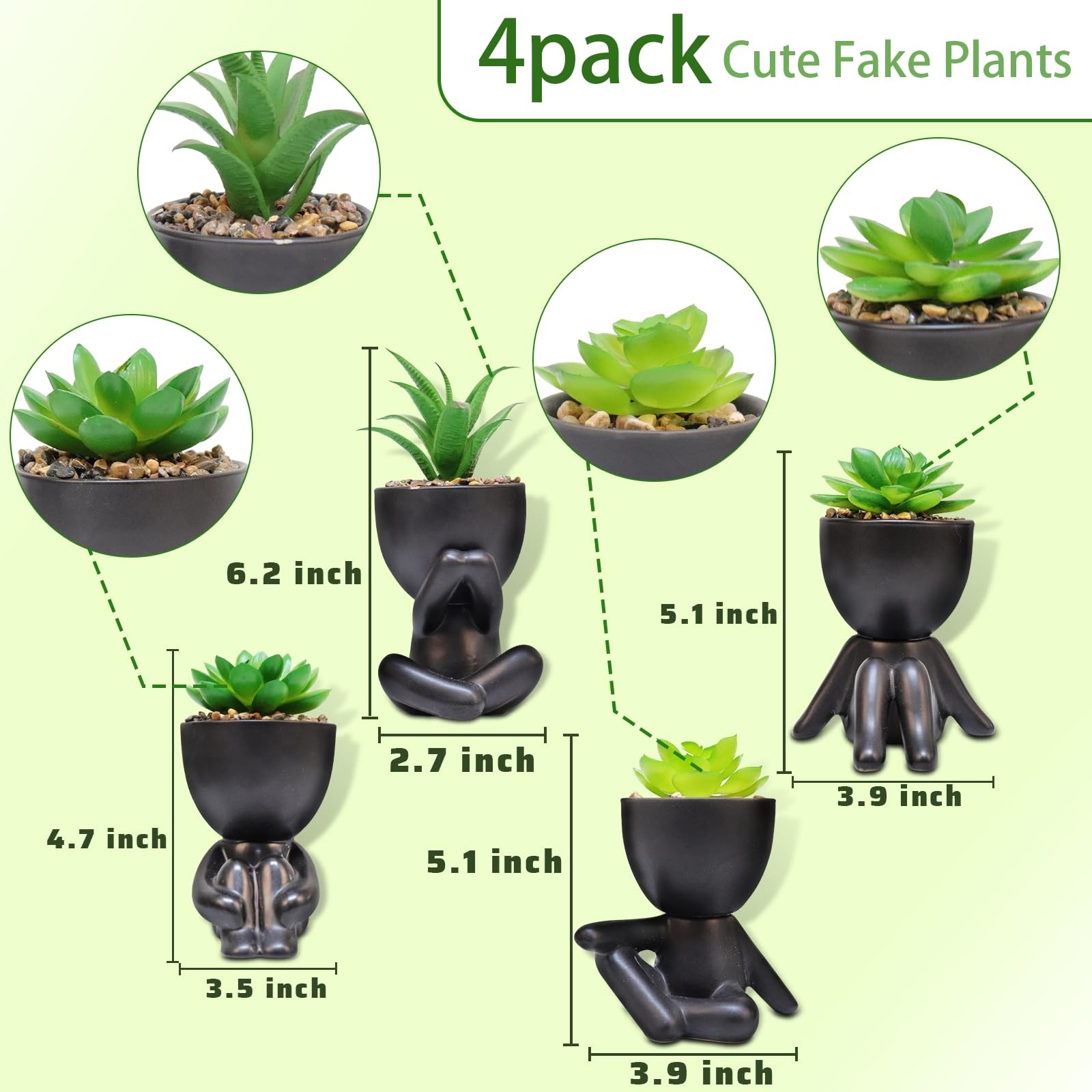 4 PCS Black Cute Fake Plants Artificial Succulent Human Shaped Pots Decor