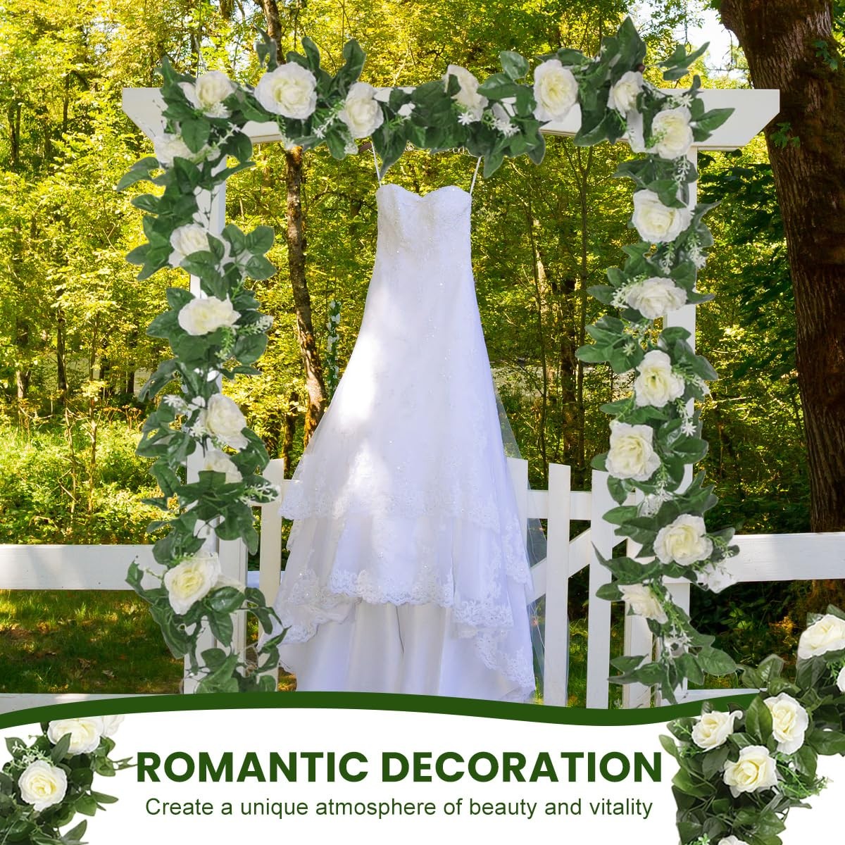 2Pack White Artificial Rose Garland Fake Silk Flower Vine with Greenery Hangi…