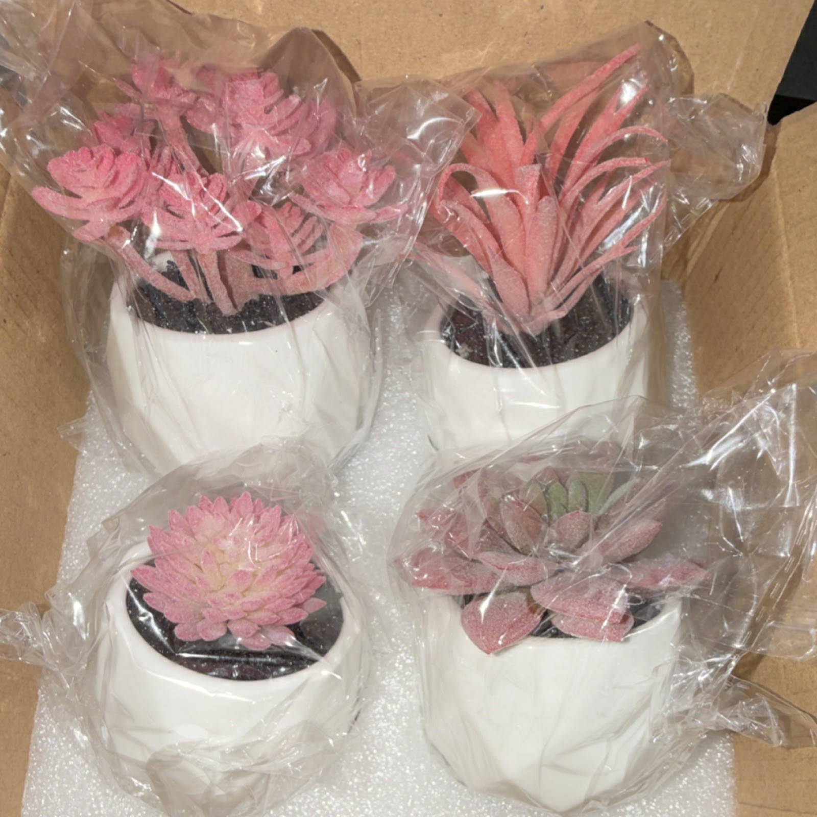 CADNLY Artificial Succulent Arrangement Set of 4 Pink Green Plants in White Pots