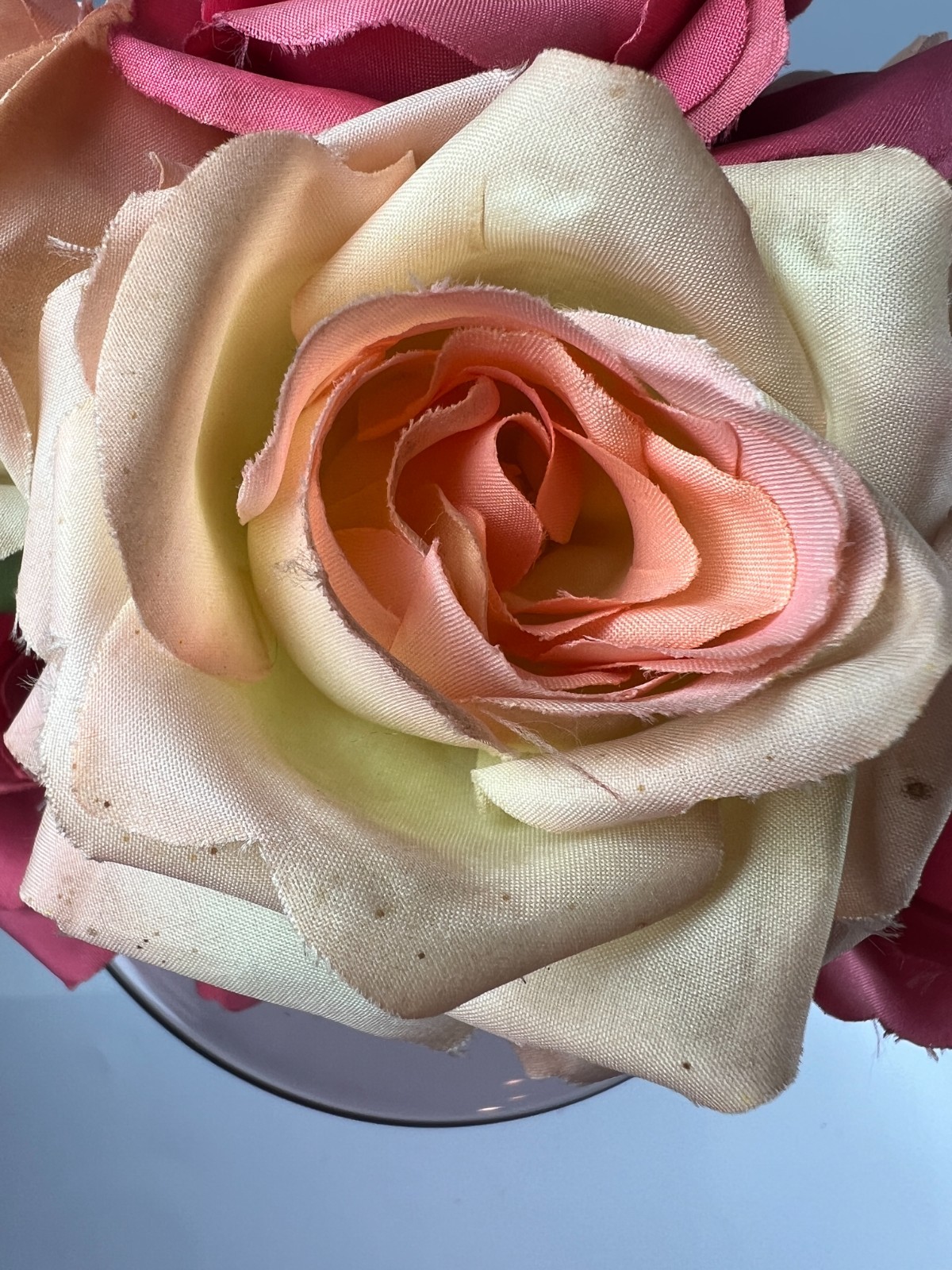 6 True VINTAGE long stem silk roses pink cream ombre faux artificial 15″
