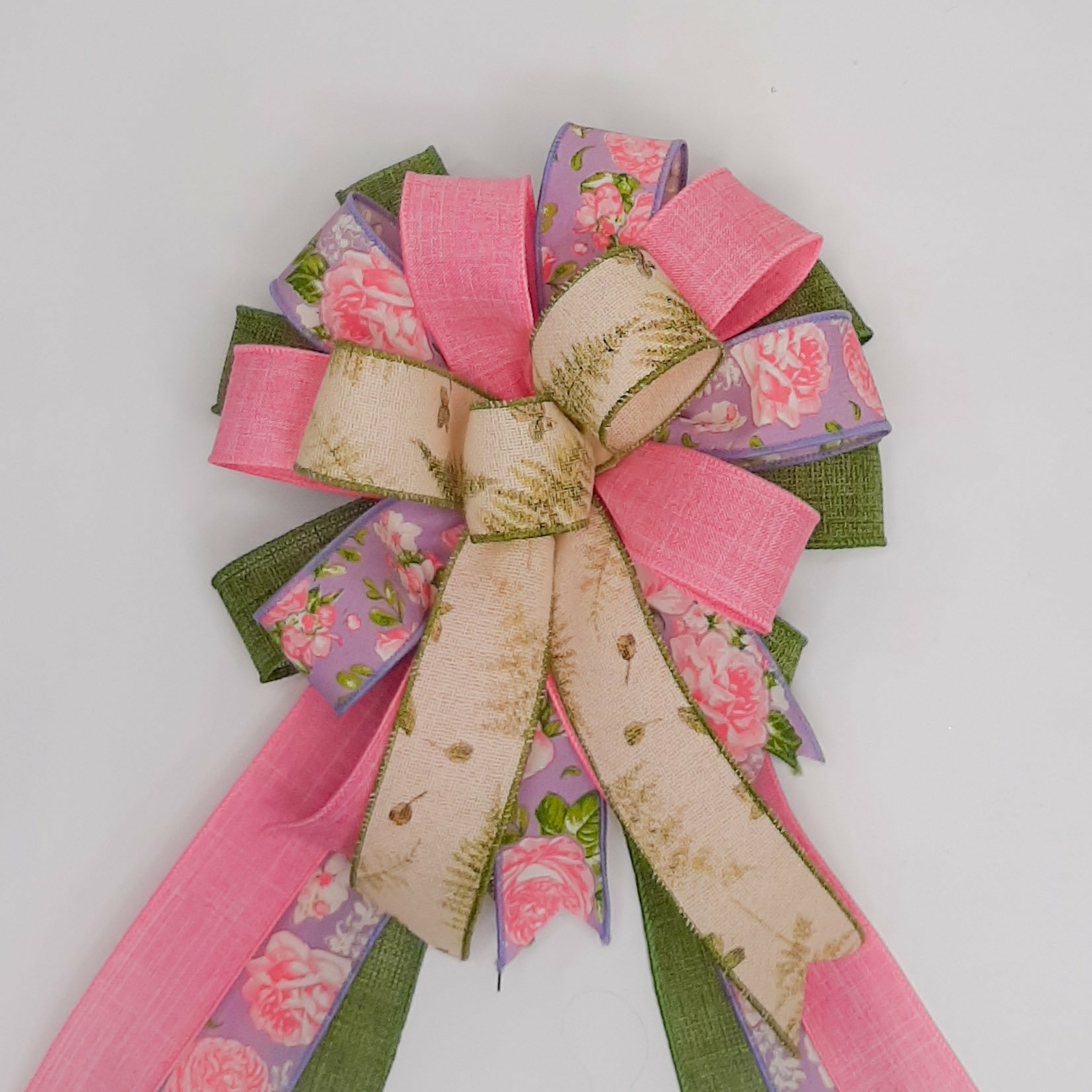 Spring Bow, Cream with Fern Print, Floral Print, Sage Green